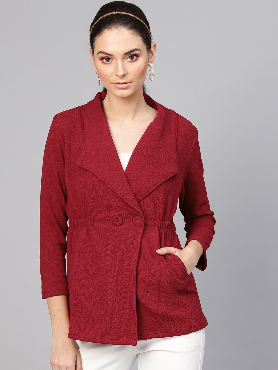 SASSAFRAS Women Maroon Solid  Double-Breasted Casual Blazer Price in India