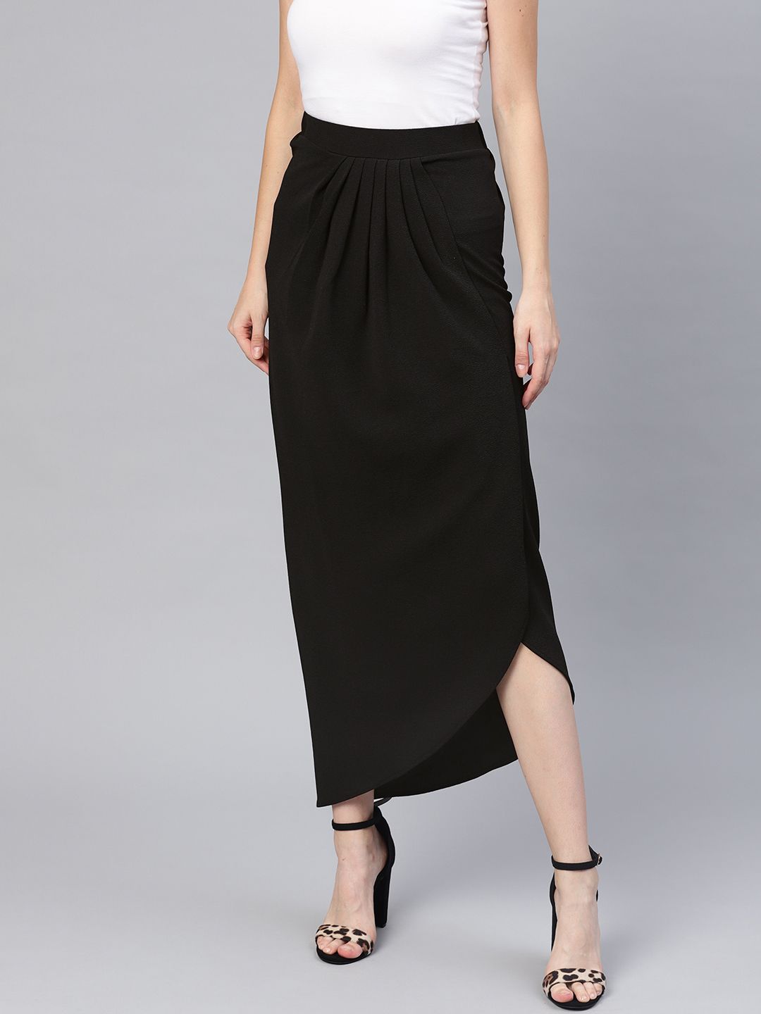 SASSAFRAS Women Black Solid Midi Wrap Skirt