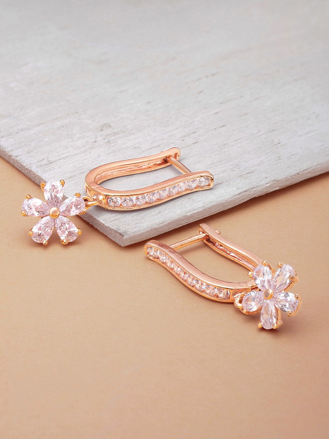 Priyaasi Rose Gold-Plated American Diamond Studded Floral Drop Earrings Price in India