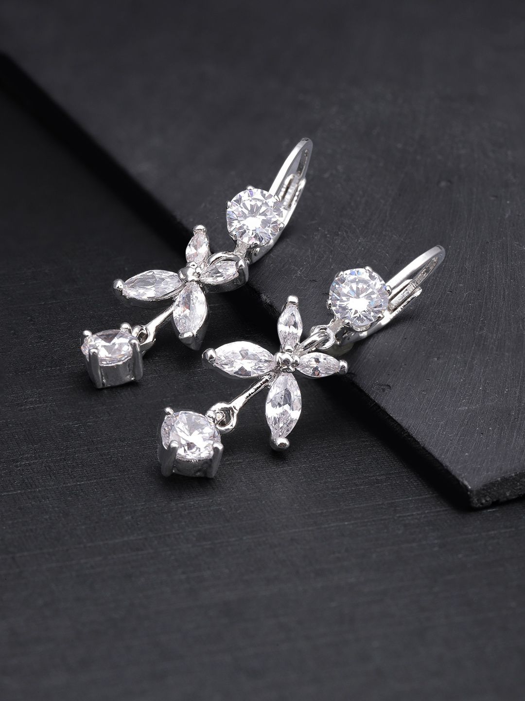 Priyaasi Silver-Toned Rhodium-Plated American Diamond Studded Floral Drop Earrings Price in India