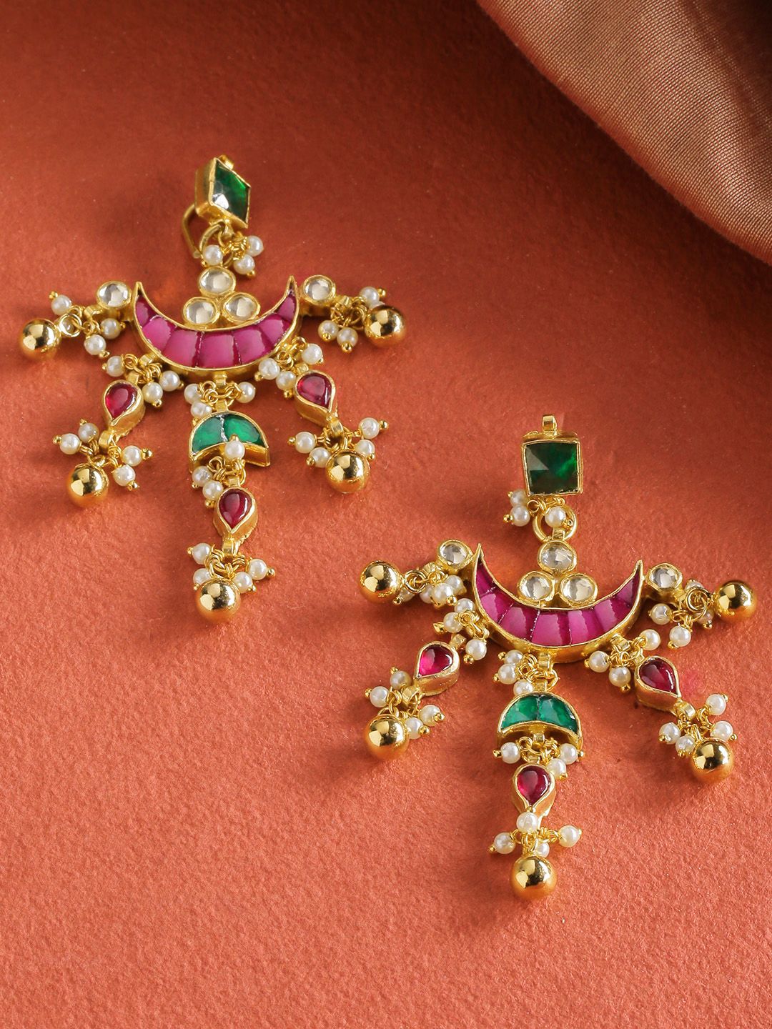 Priyaasi Burgundy & Green Gold-Plated Kundan Studded Beaded Crescent Shaped Drop Earrings Price in India