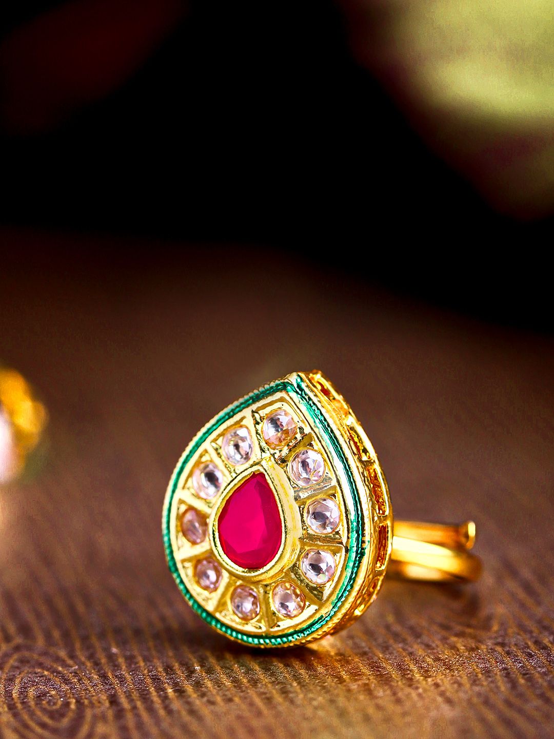 Priyaasi Red Gold-Plated Kundan-Studded Handcrafted Teardrop Shaped Adjustable Finger Ring Price in India
