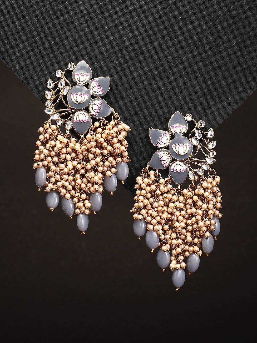 Priyaasi Grey Gold-Plated Handcrafted Kundan Studded Floral Drop Earrings Price in India