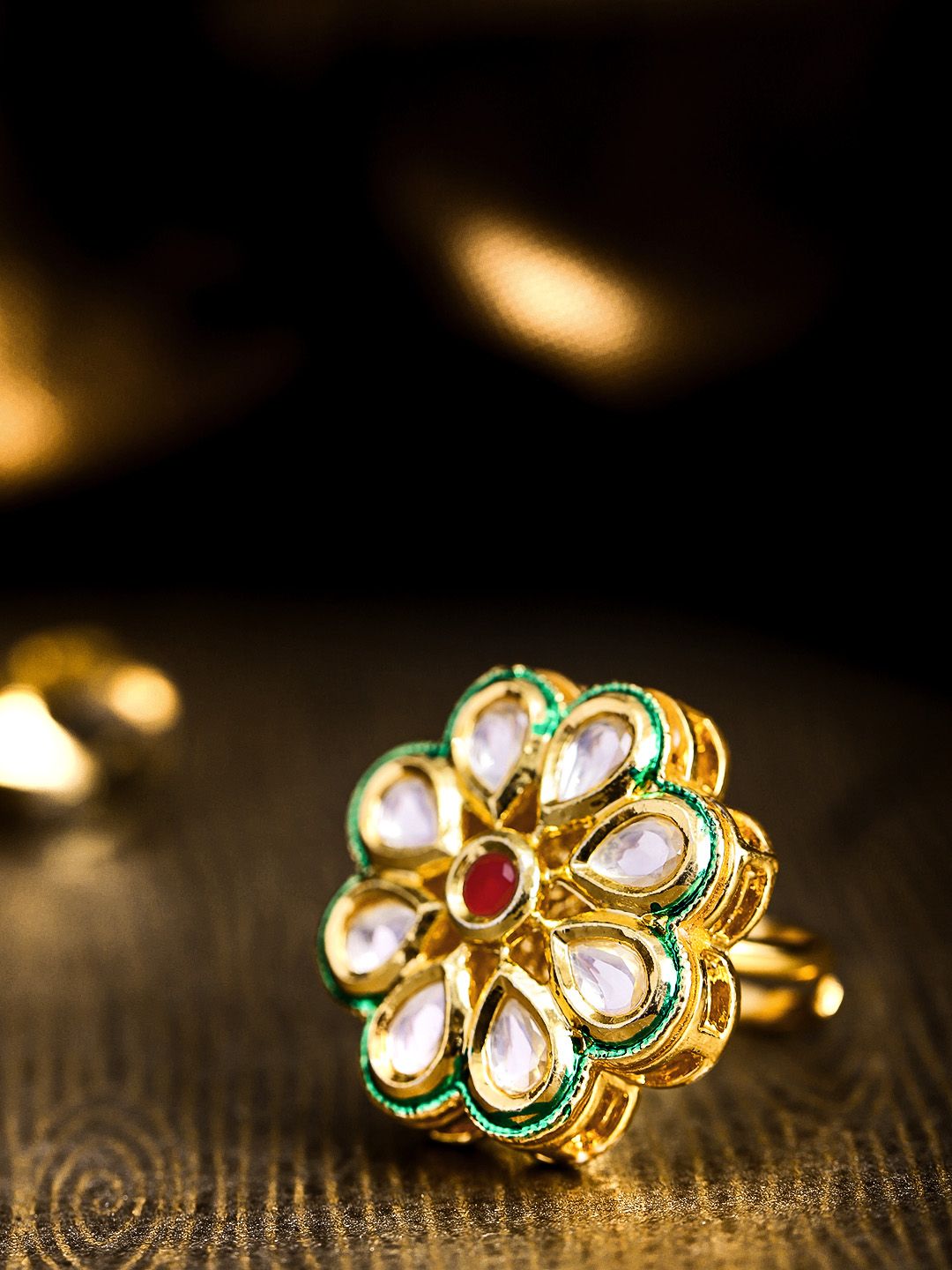 Priyaasi Red Gold-Plated Kundan-Studded Handcrafted Floral Shaped Adjustable Finger Ring Price in India
