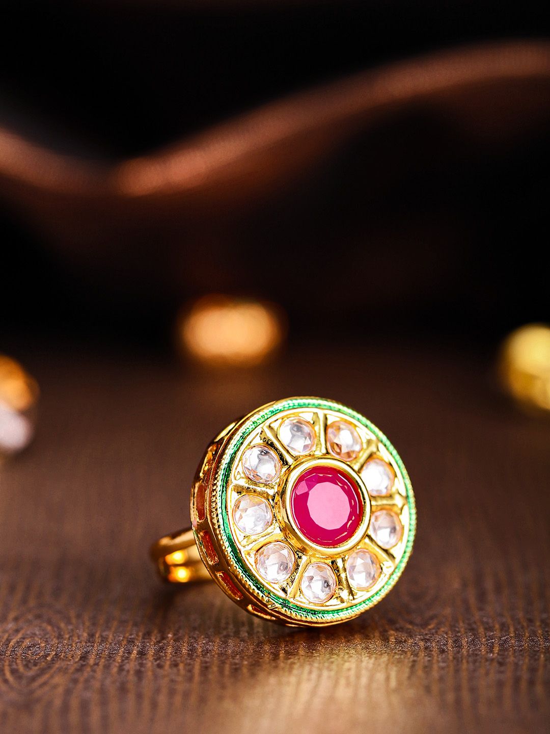Priyaasi Red Gold-Plated Kundan-Studded Handcrafted Circular Adjustable Finger Ring Price in India