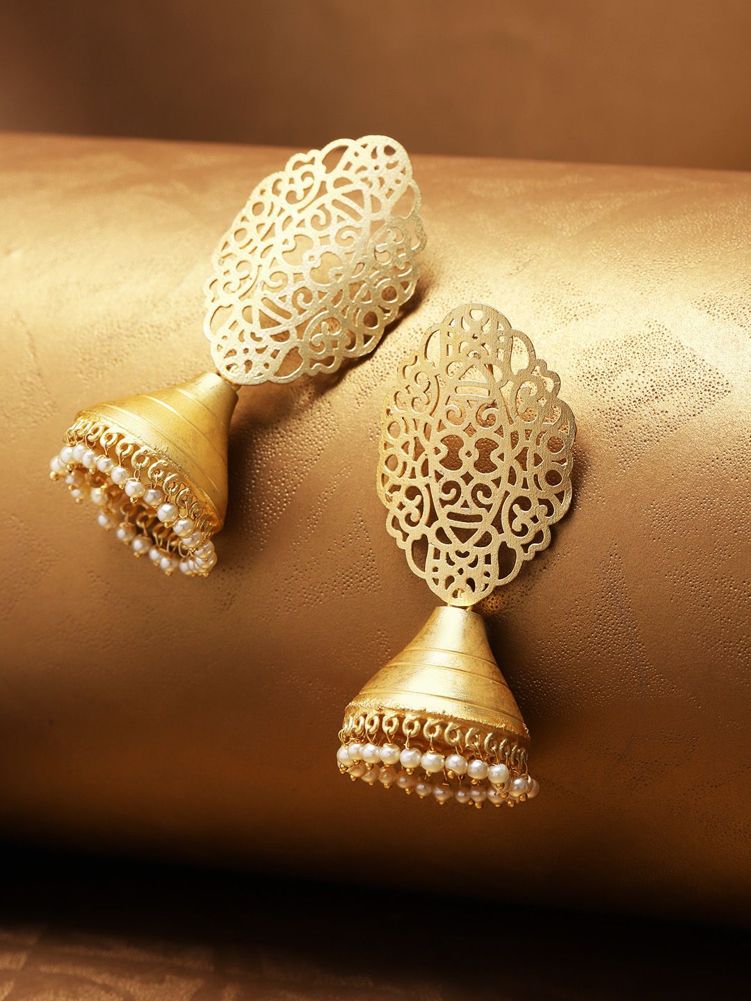 Priyaasi Gold-Plated Matte Finish Handcrafted Beaded Dome-Shaped Jhumkas Price in India