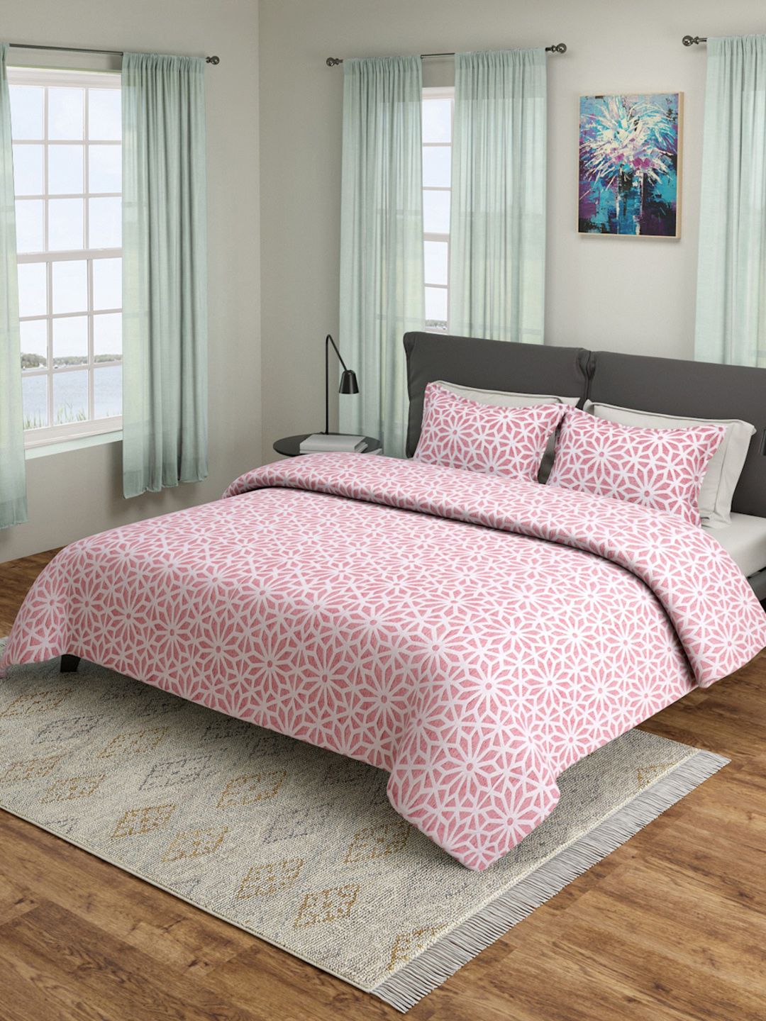 ROMEE Pink & White Printed 180-249 TC Bed Cover With Pillow Covers Price in India