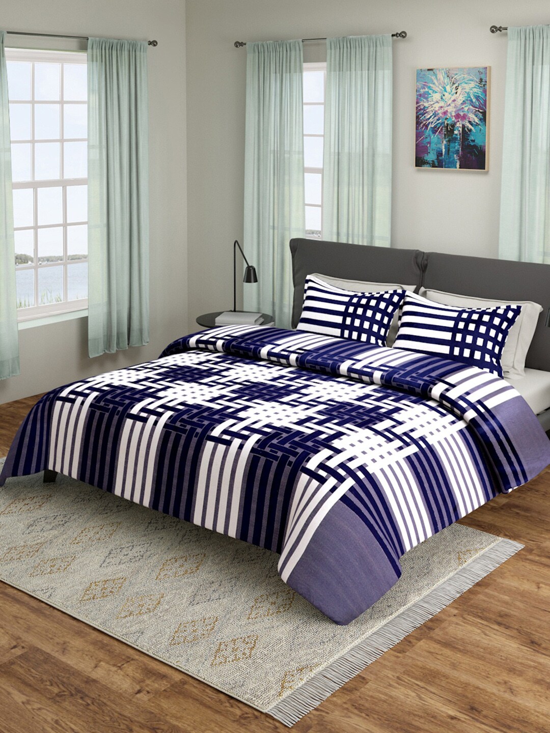 ROMEE Navy Blue & White Striped 180-249 TC Bed Cover With Pillow Covers Price in India