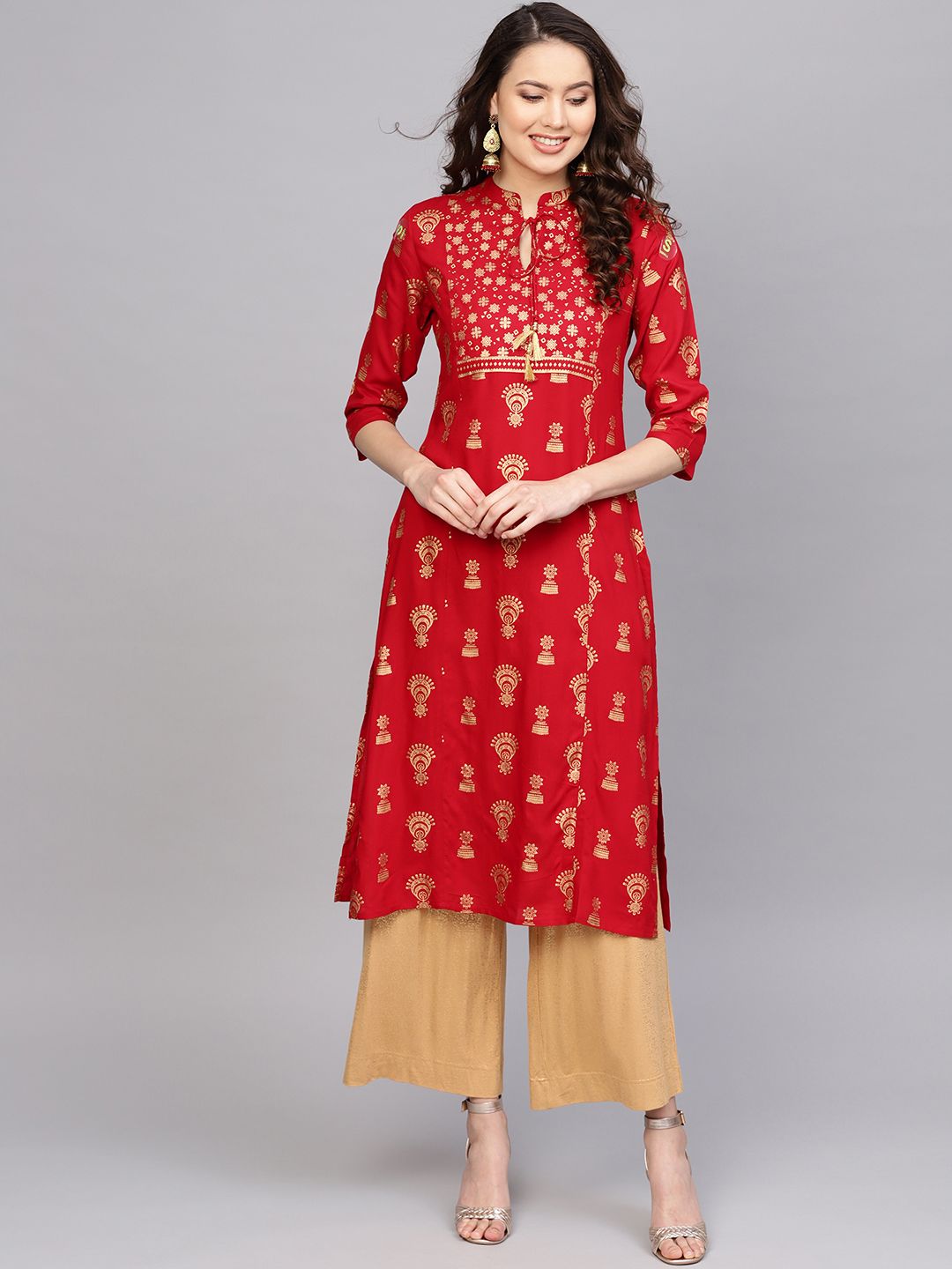 Anubhutee Women Red & Golden Foil Print Straight Kurta Price in India