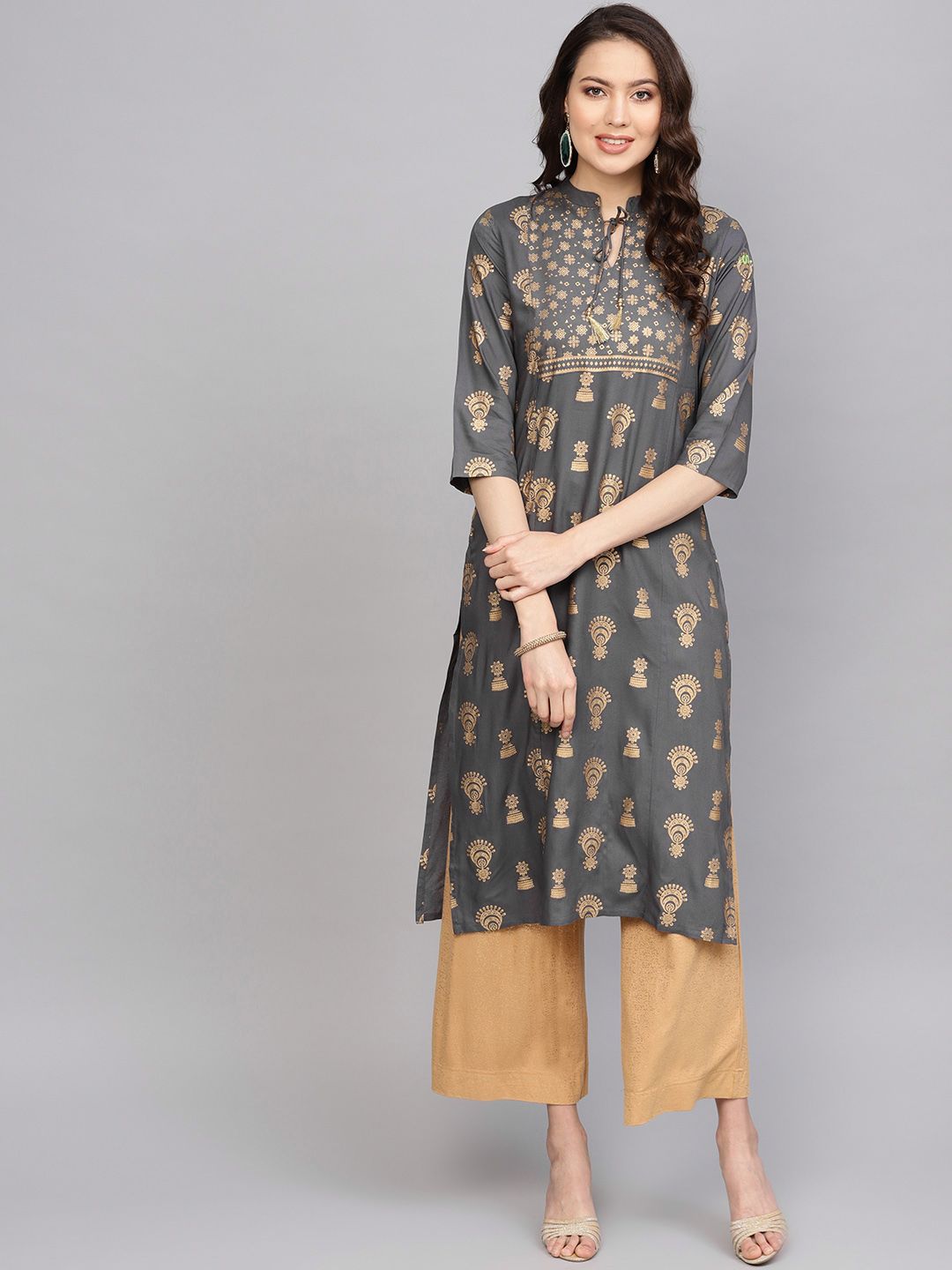 Anubhutee Women Charcoal Grey & Golden Foil Print Straight Kurta Price in India