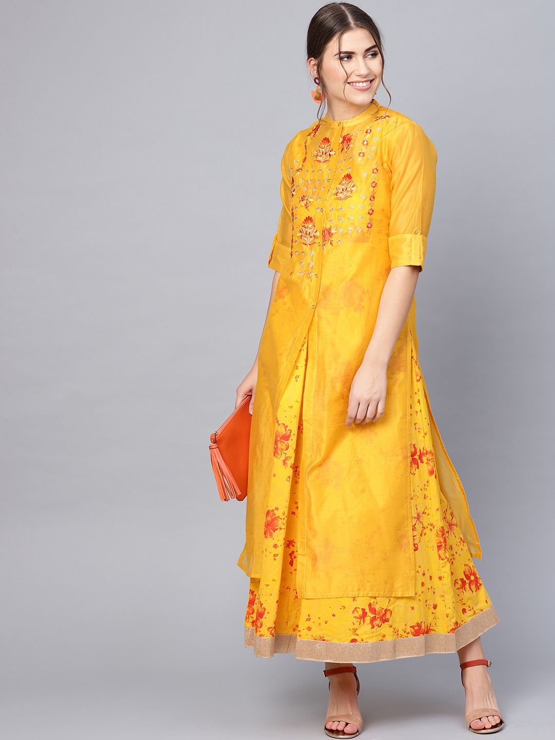 Juniper Women Yellow & Orange Printed Layered Maxi Dress Price in India