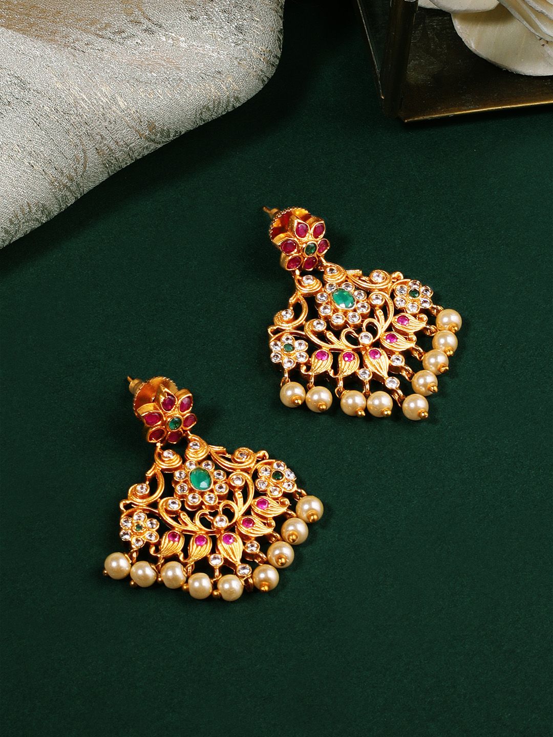 Rubans Gold-Plated & Green Leaf Shaped Drop Earrings Price in India