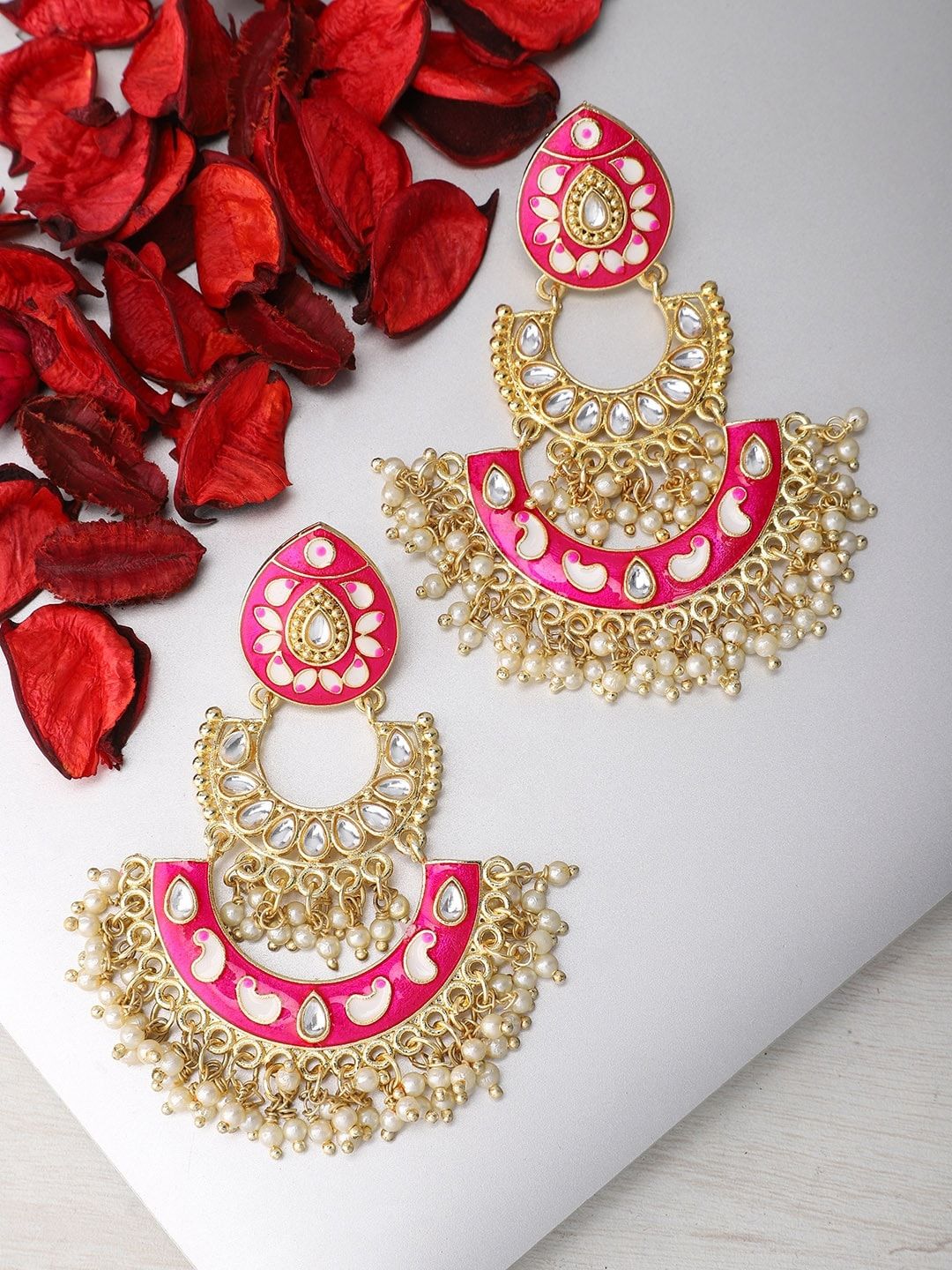 Rubans Gold-Plated & Pink Enamel and Handpainted Classic Chandbalis Price in India