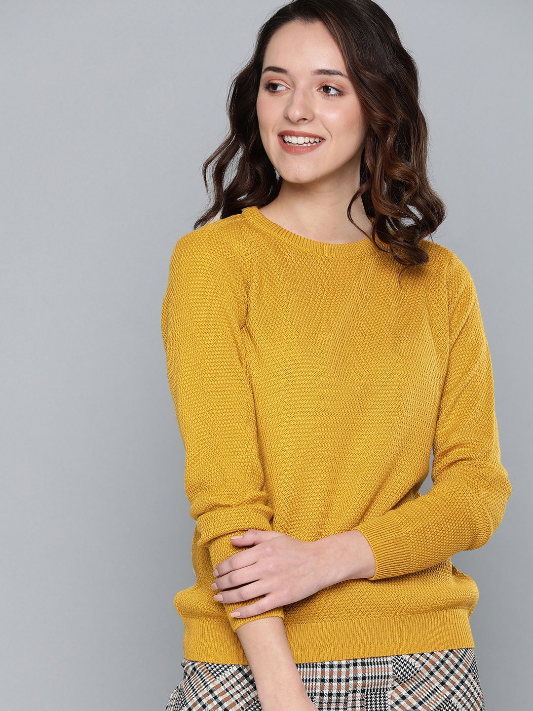 HERE&NOW Women Mustard Yellow Self Design Sweater Price in India