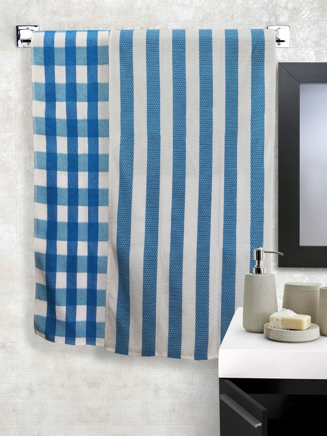 Athom Trendz Set of 2 Blue & White Striped Bath Towels Price in India