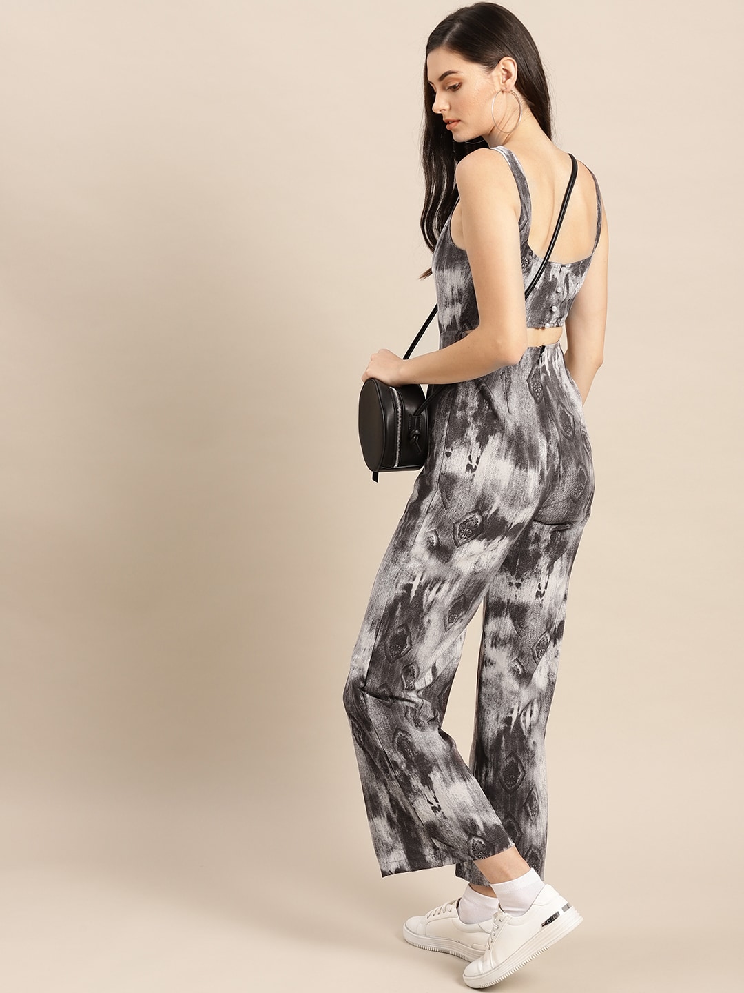 AKS Couture Women Charcoal Grey & Off-White Printed Basic Jumpsuit Price in India