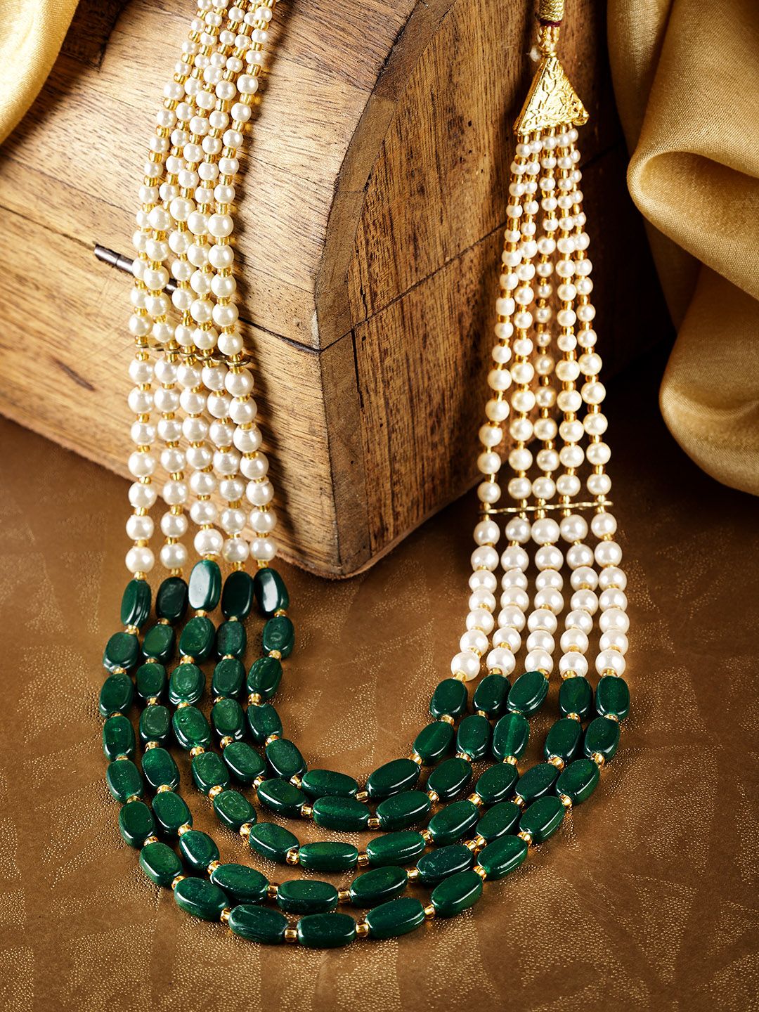 Infuzze Green & Off-White Gold-Plated Beaded Layered Necklace Price in India