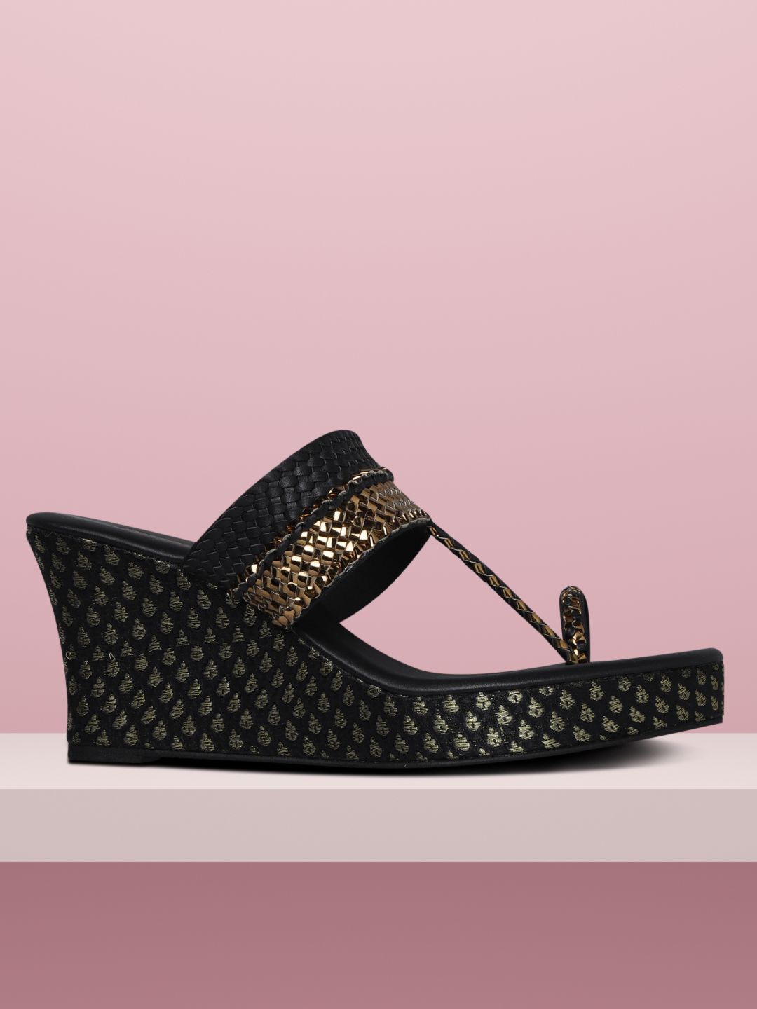 Anouk Women Black & Gold-Toned Braided Wedges Price in India