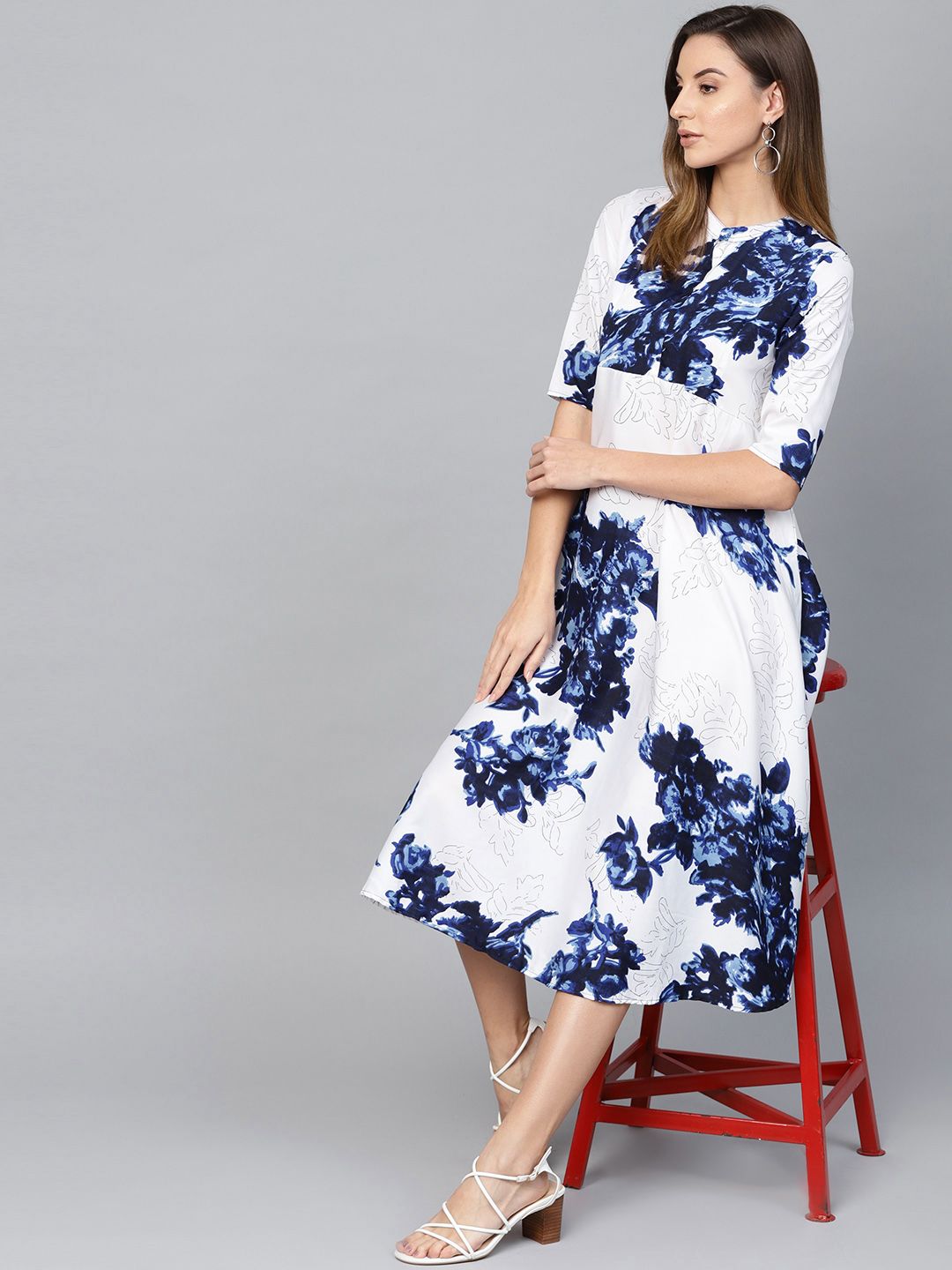 Myshka Women White & Navy Blue Floral Print A-Line Dress Price in India