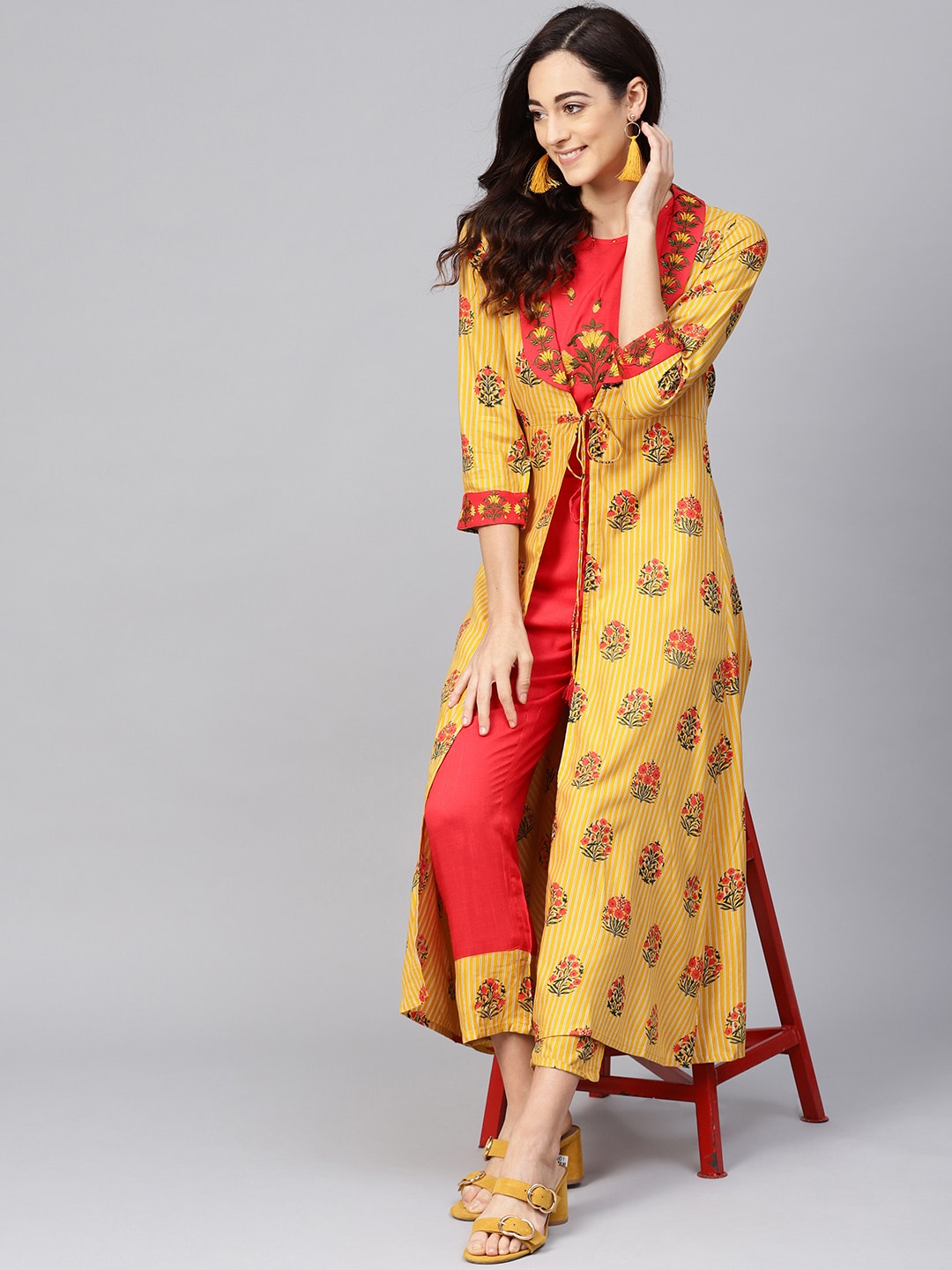 Meeranshi Women Orange & Mustard Yellow Embroidered Crop Top with Trousers & Ehtnic Jacket Price in India