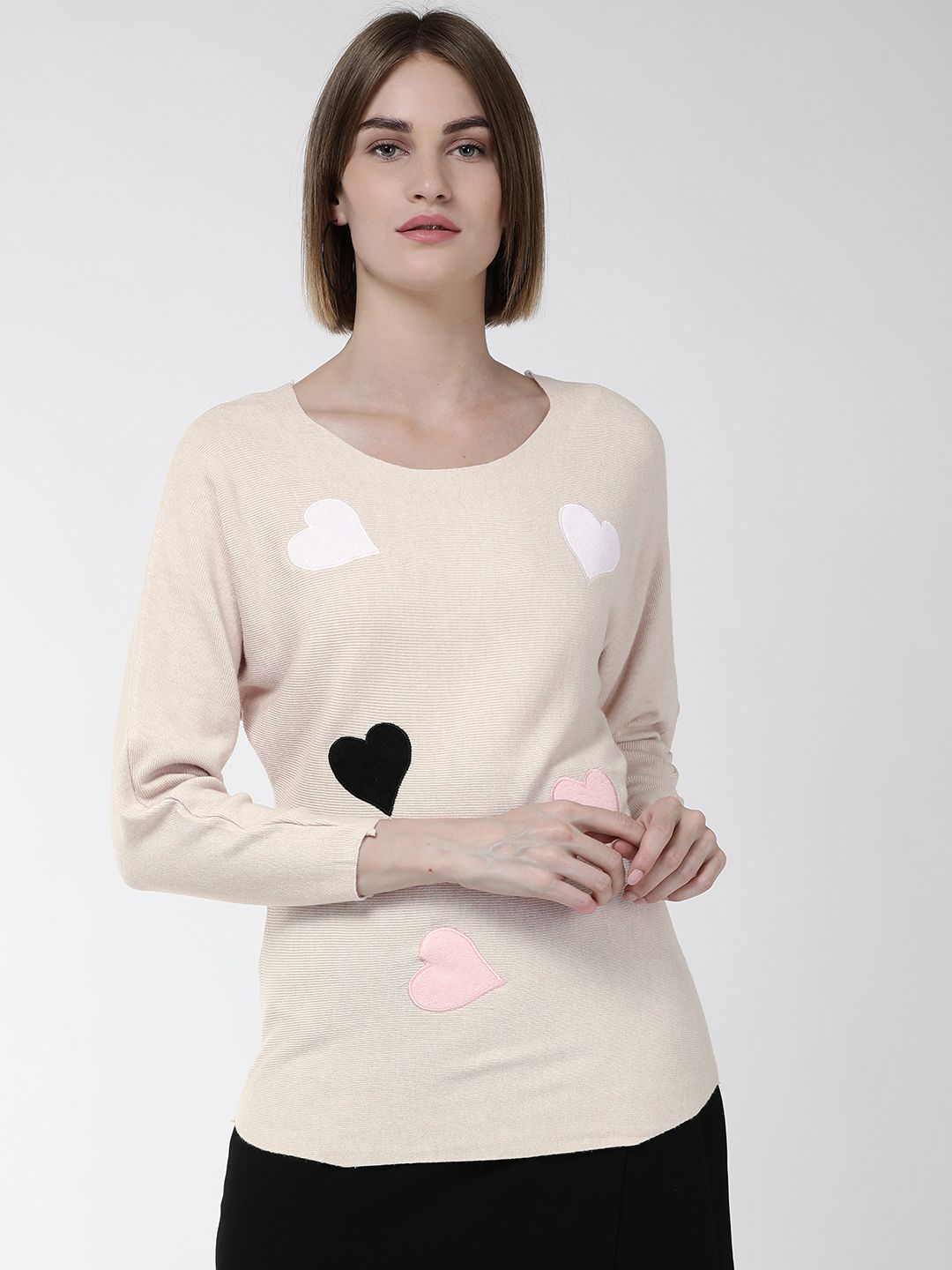 Fort Collins Women Cream-Coloured Self Design Acrylic Sweater Price in India
