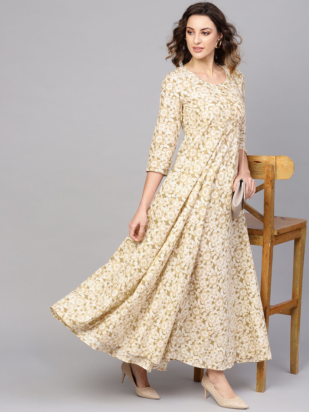 AKS Women Off-White & Beige Floral Print Maxi Dress