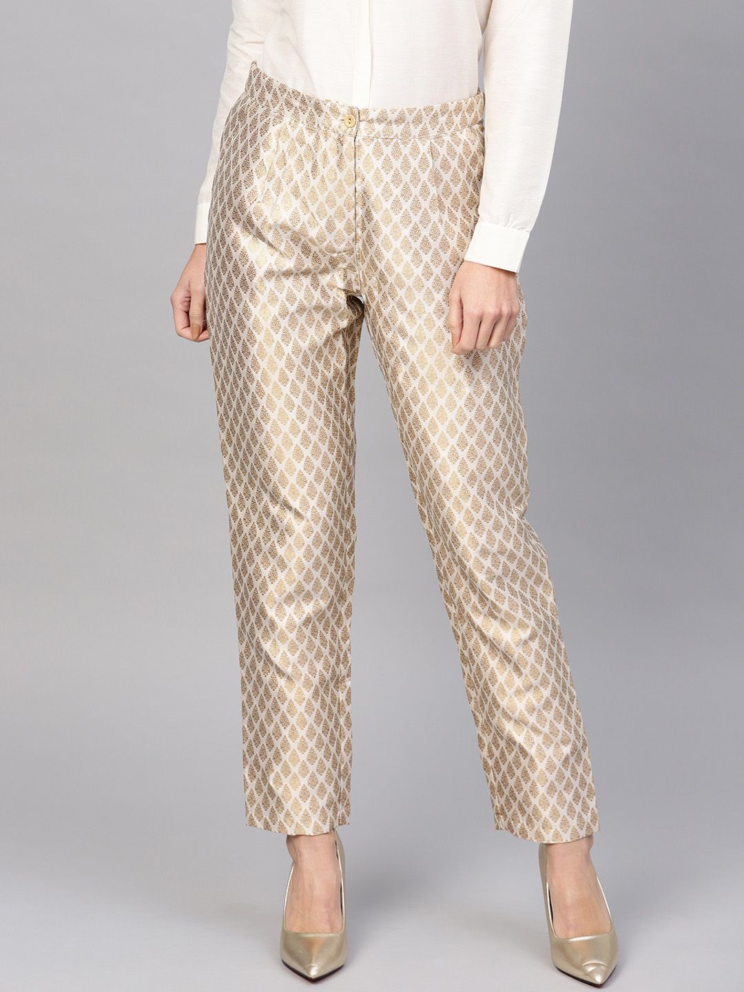 AKS Women Off-White & Golden Tapered Fit Self-Design Regular Trousers