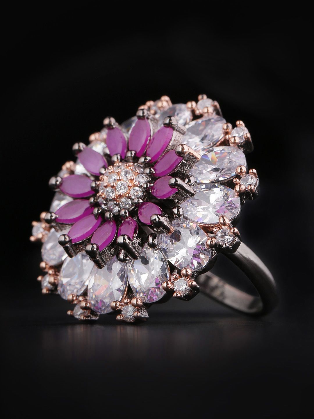 Priyaasi Purple Silver-Plated AD Studded Handcrafted Floral Adjustable Finger Ring Price in India