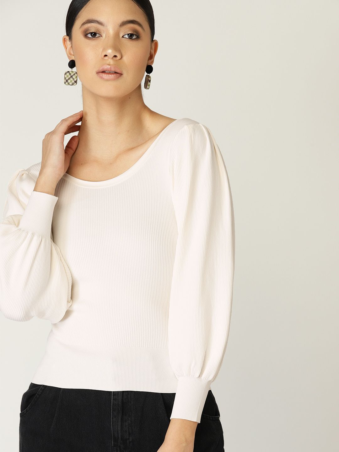 MANGO Women Off-White Ribbed Sweater Price in India