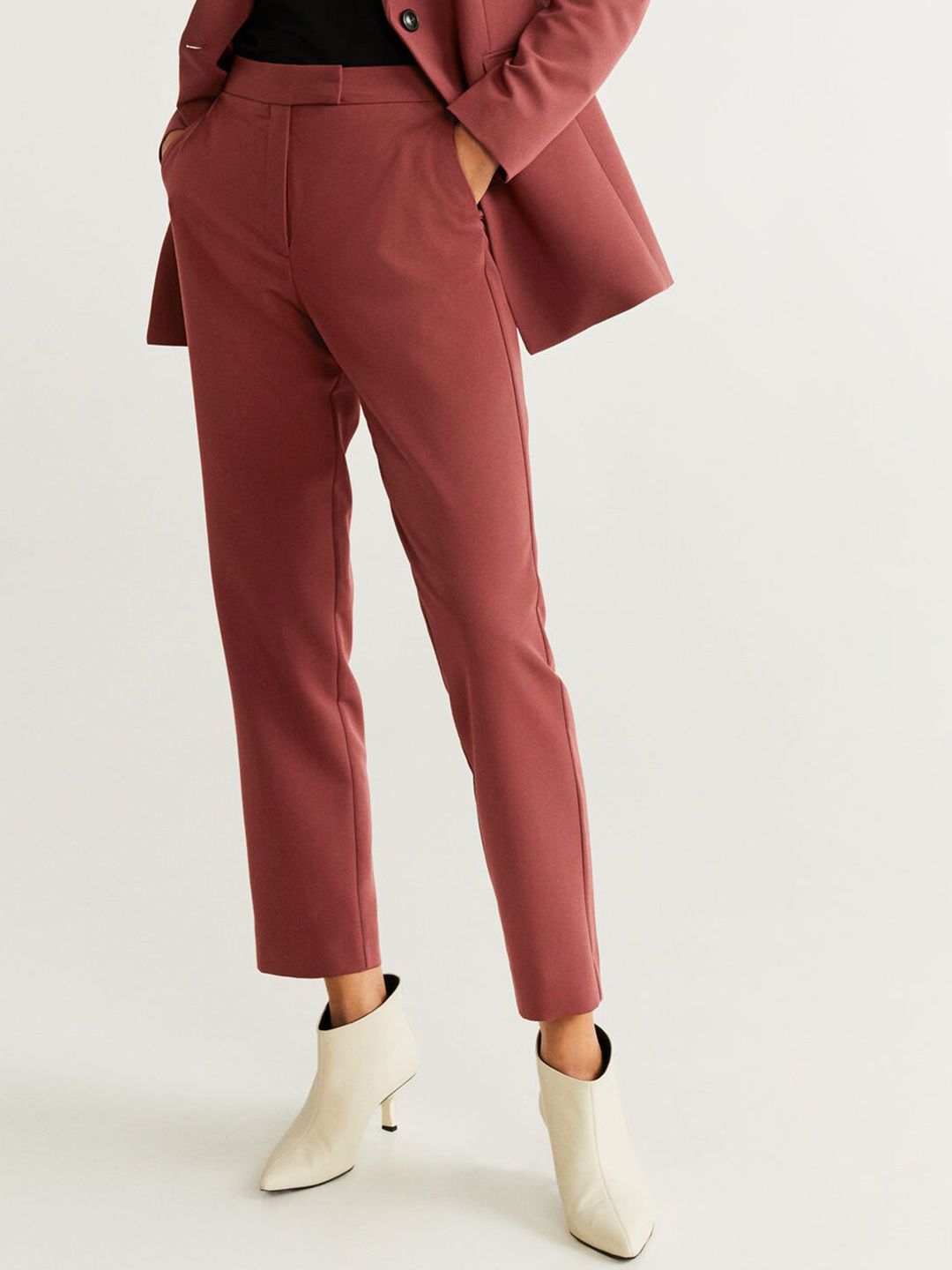 MANGO Women Rust Red Solid Cropped Regular Trousers