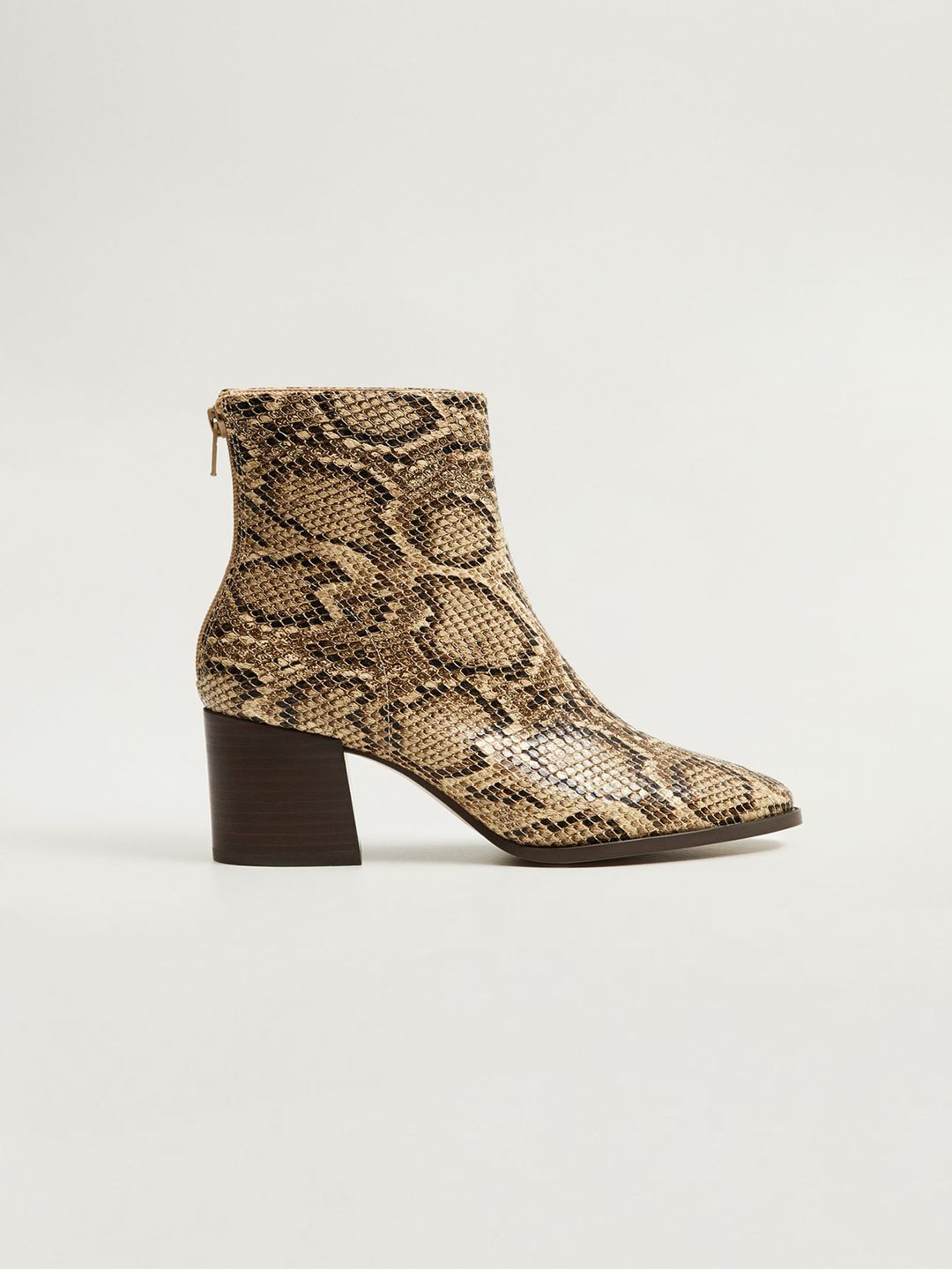 MANGO Women Beige & Coffee Brown Snakeskin Textured Mid-Top Heeled Boots Price in India
