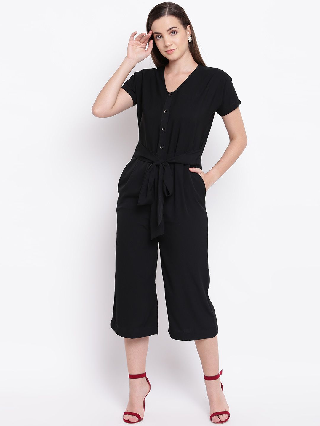 Cottinfab Women Black Solid Culotte Jumpsuit Price in India