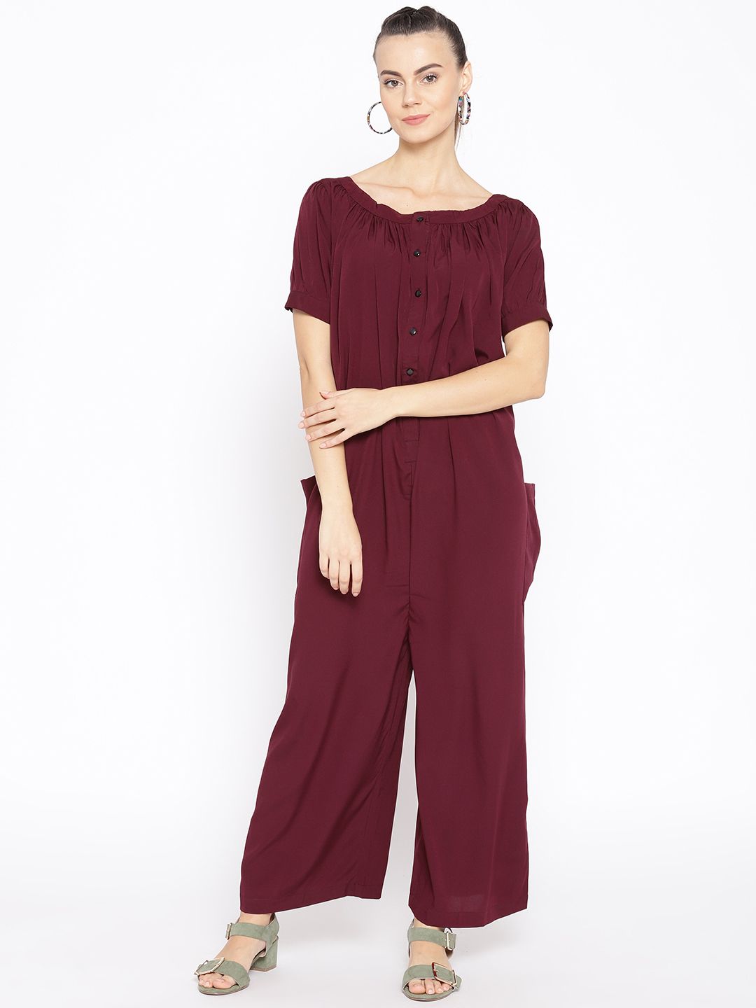 Cottinfab Women Burgundy Solid Basic Jumpsuit Price in India