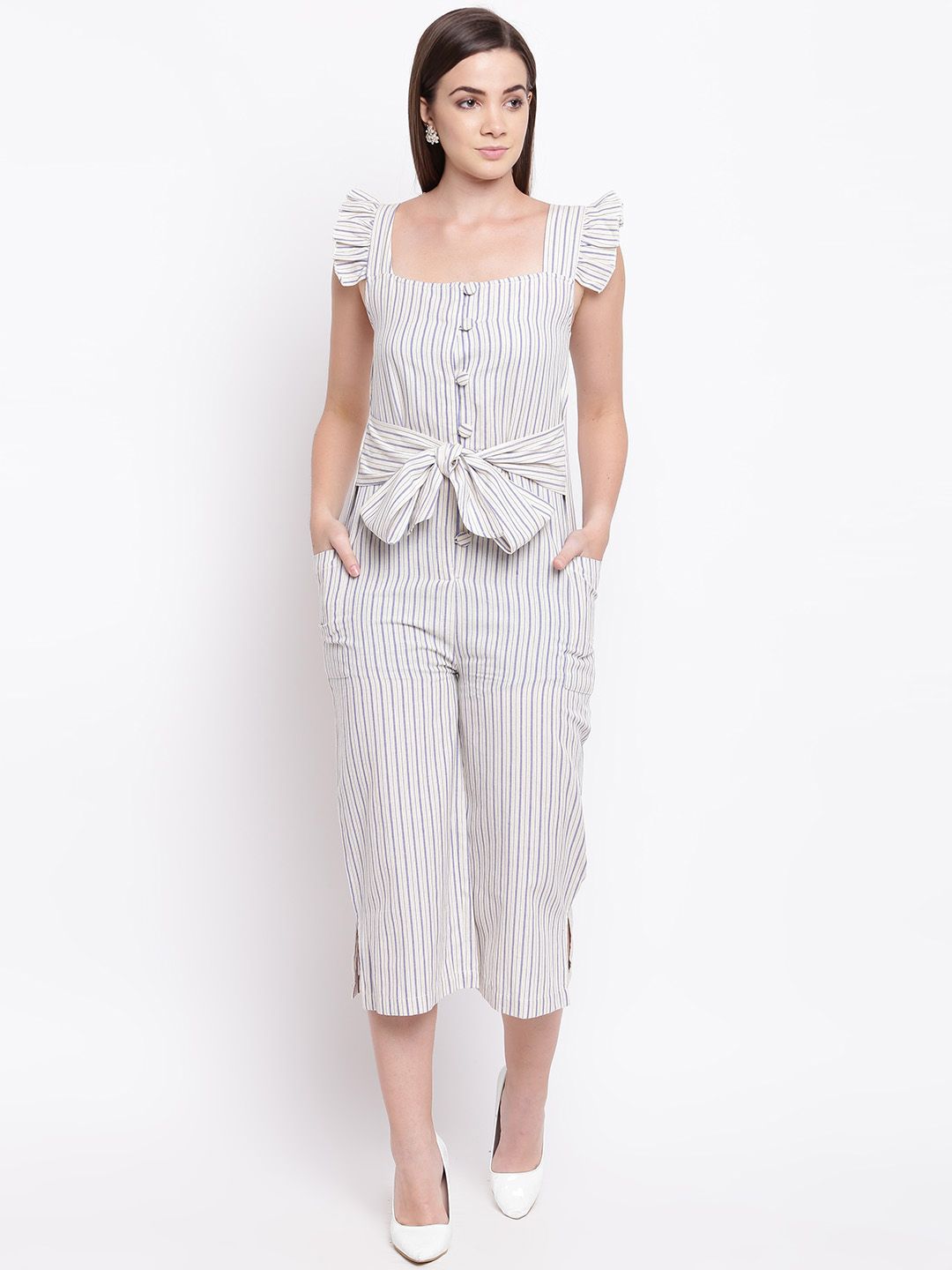 Cottinfab Women Off-White & Blue Striped Culotte Jumpsuit Price in India