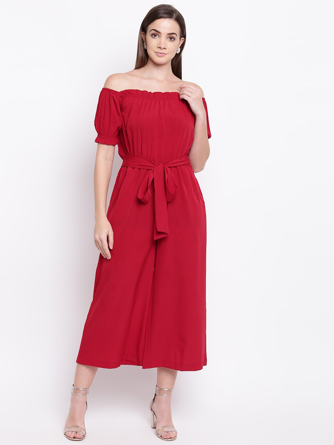 Cottinfab Women Red Solid Culotte Jumpsuit Price in India