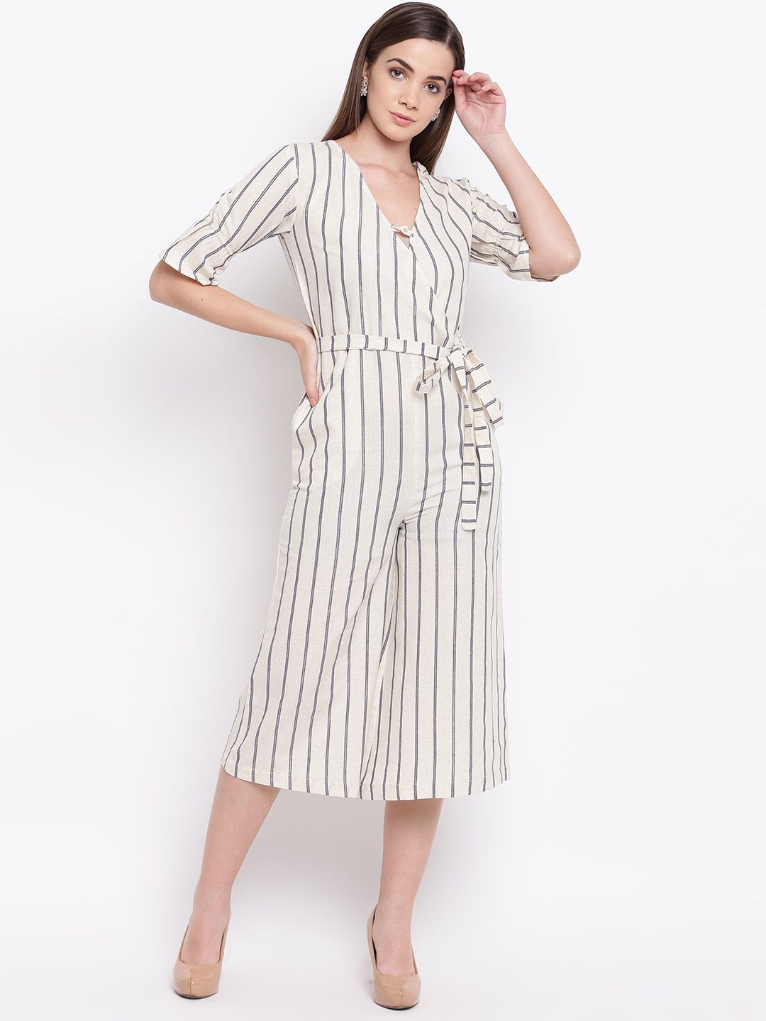 Cottinfab Women Off-White & Blue Striped Culotte Jumpsuit Price in India