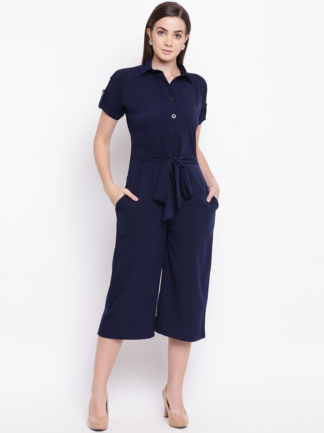 Cottinfab Women Navy Blue Solid Culotte Jumpsuit Price in India