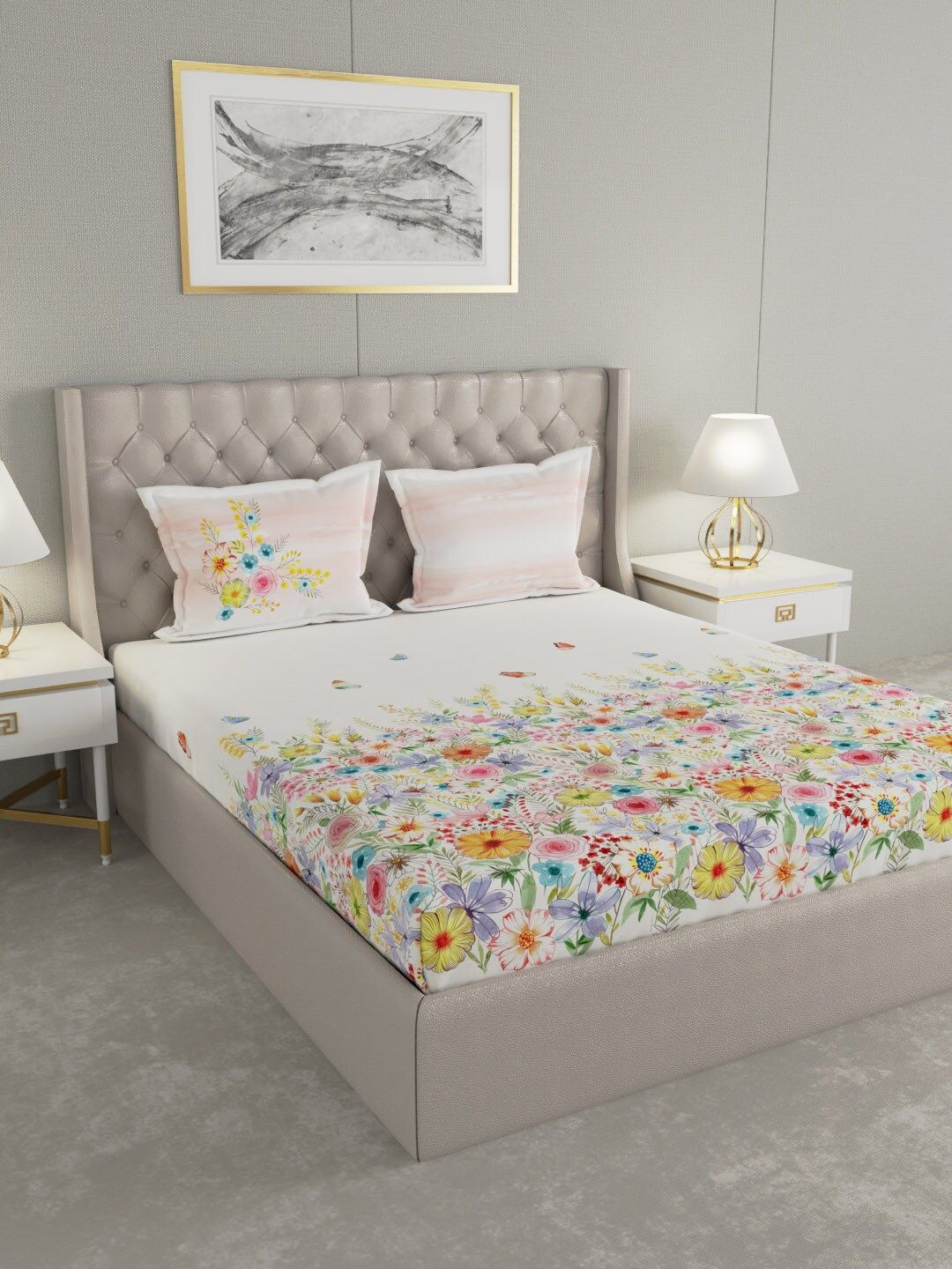 GM White & Pink Floral 144 TC Cotton Double King Bedsheet with 2 Pillow Covers Price in India