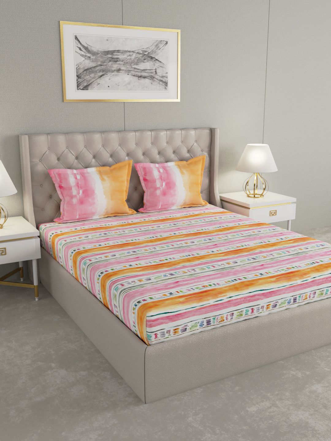 GM Orange & Pink Abstract 144 TC Cotton Double King Bedsheet with 2 Pillow Covers Price in India