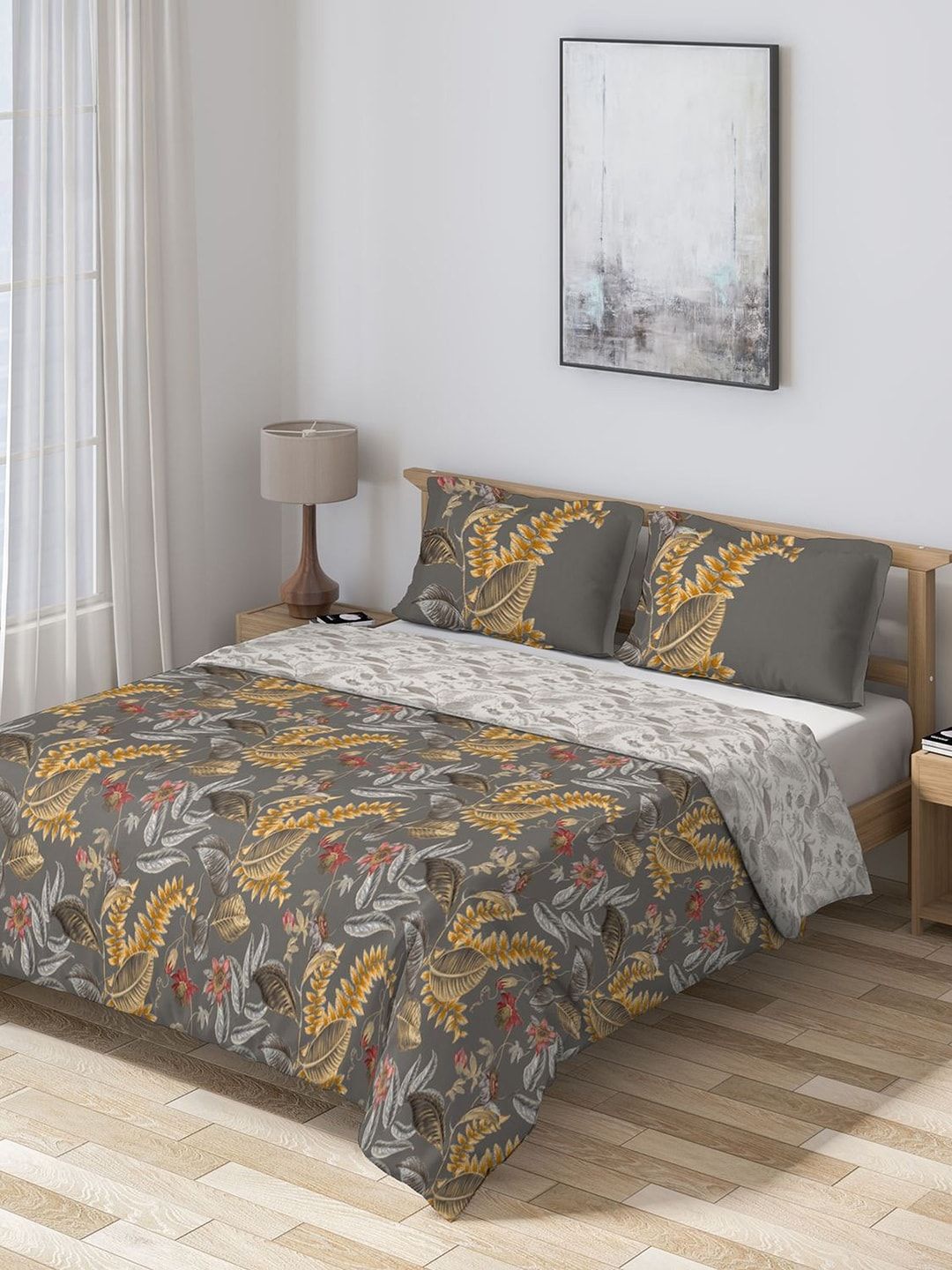 DDecor Grey & Yellow Floral Mid Winter 150 GSM Double Bed Comforter Price in India