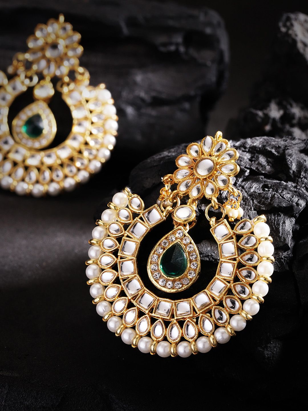 KARATCART Green Gold-Plated Kundan-Studded Handcrafted Crescent-Shaped Chandbalis Price in India