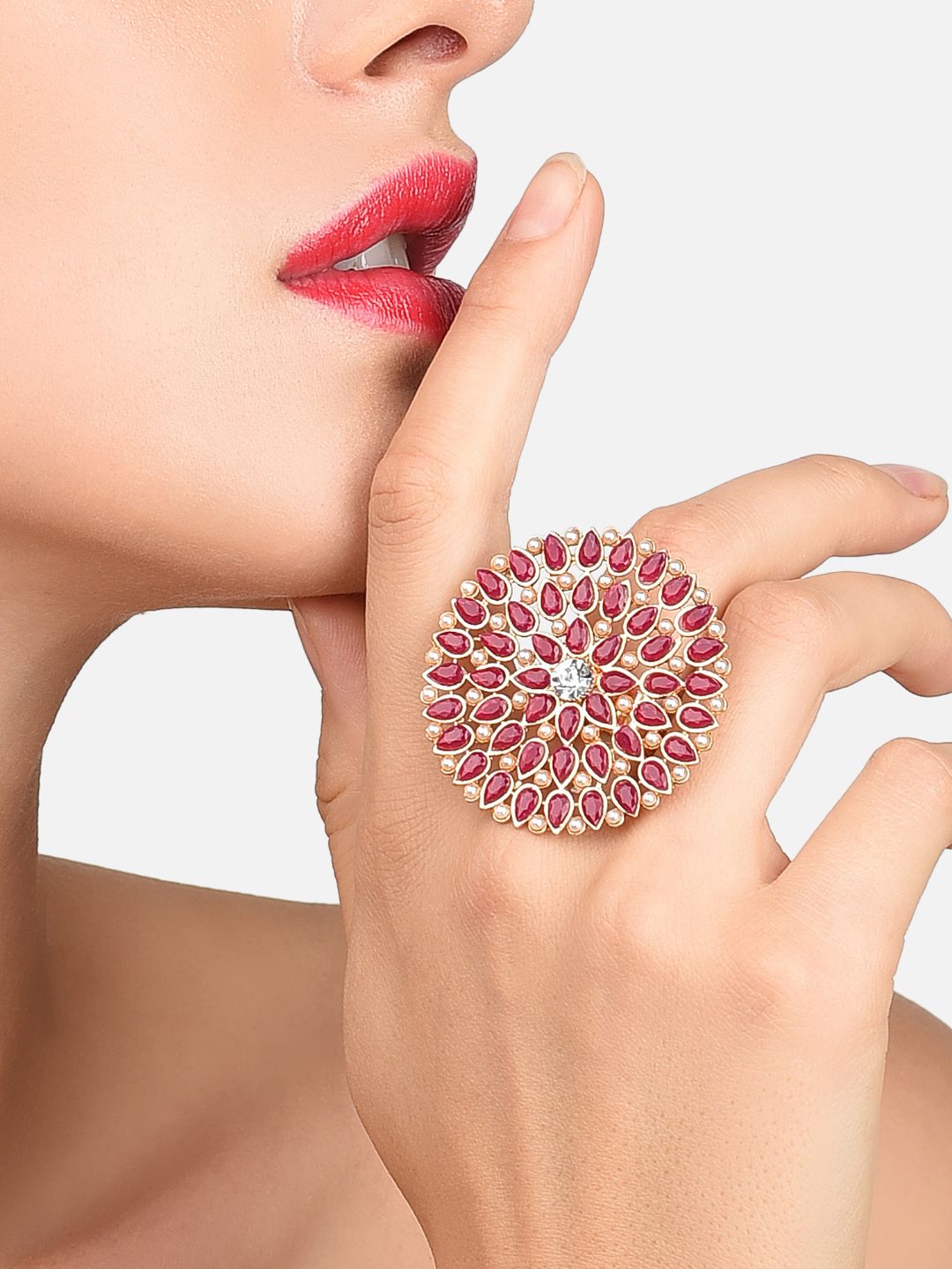 Zaveri Pearls Women Pink Floral Shaped Finger Ring Price in India