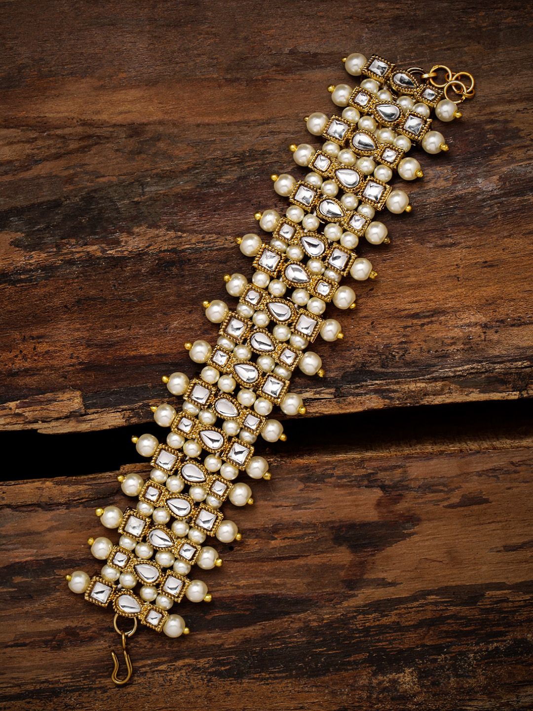 Zaveri Pearls Gold-Plated Kundan & Pearl Studded Wraparound Bracelet Price in India