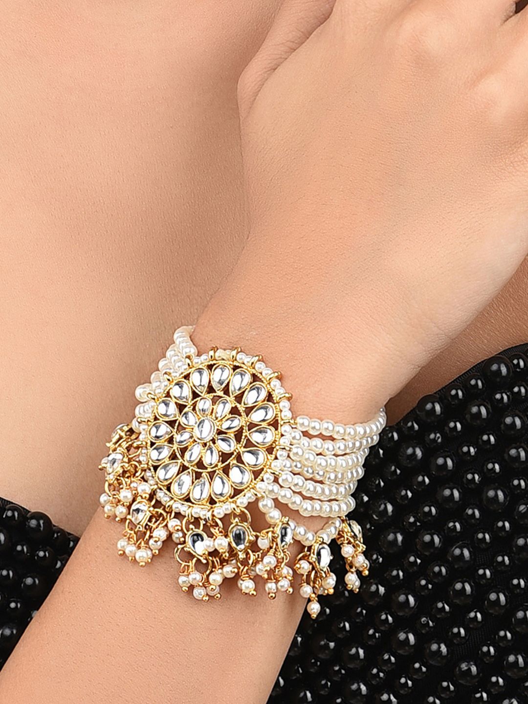 Zaveri Pearls Gold-Plated Pearls & Kundan Studded Wraparound Bracelet Price in India