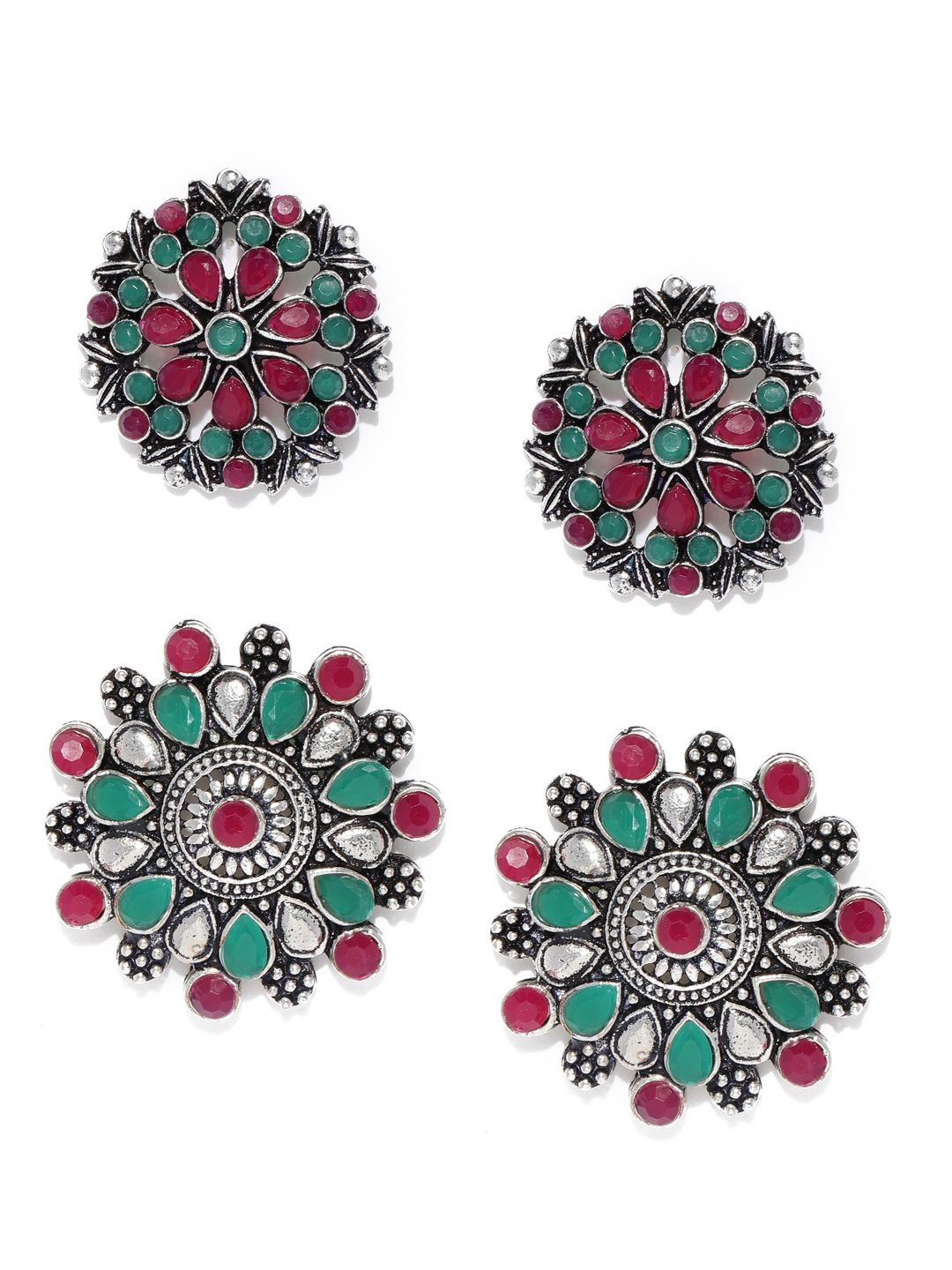 Zaveri Pearls Set of 2 Oxidized Silver-Toned & Red Studded Circular Studs Price in India