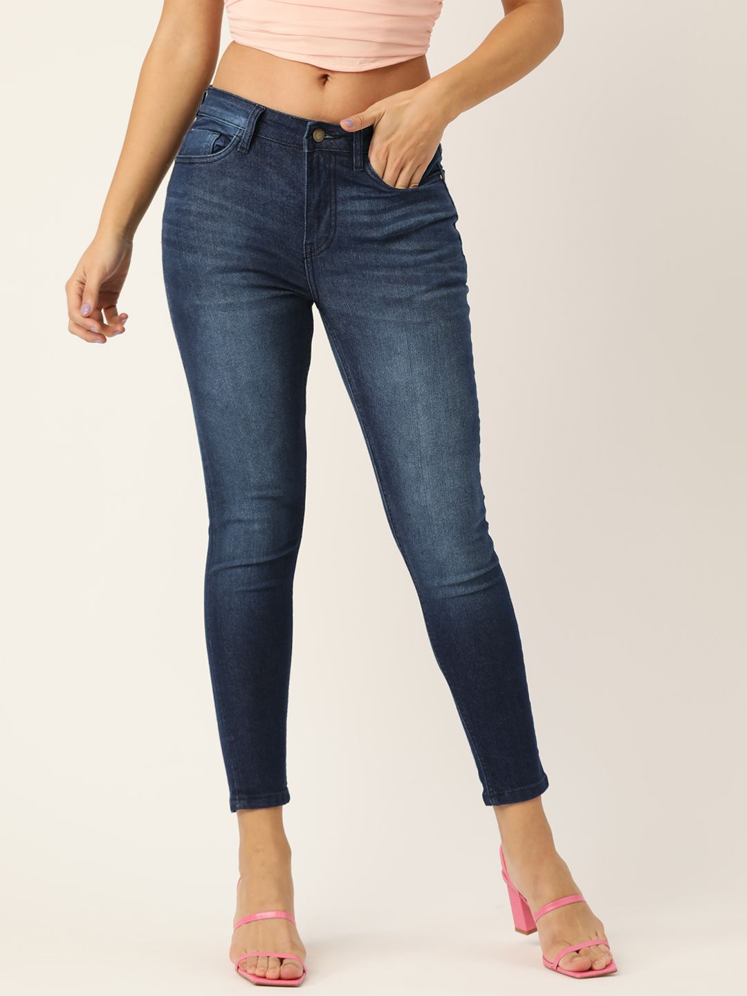 DressBerry Women Navy Blue Skinny Fit Mid-Rise  Clean Look Stretchable Ankle Length Jeans Price in India