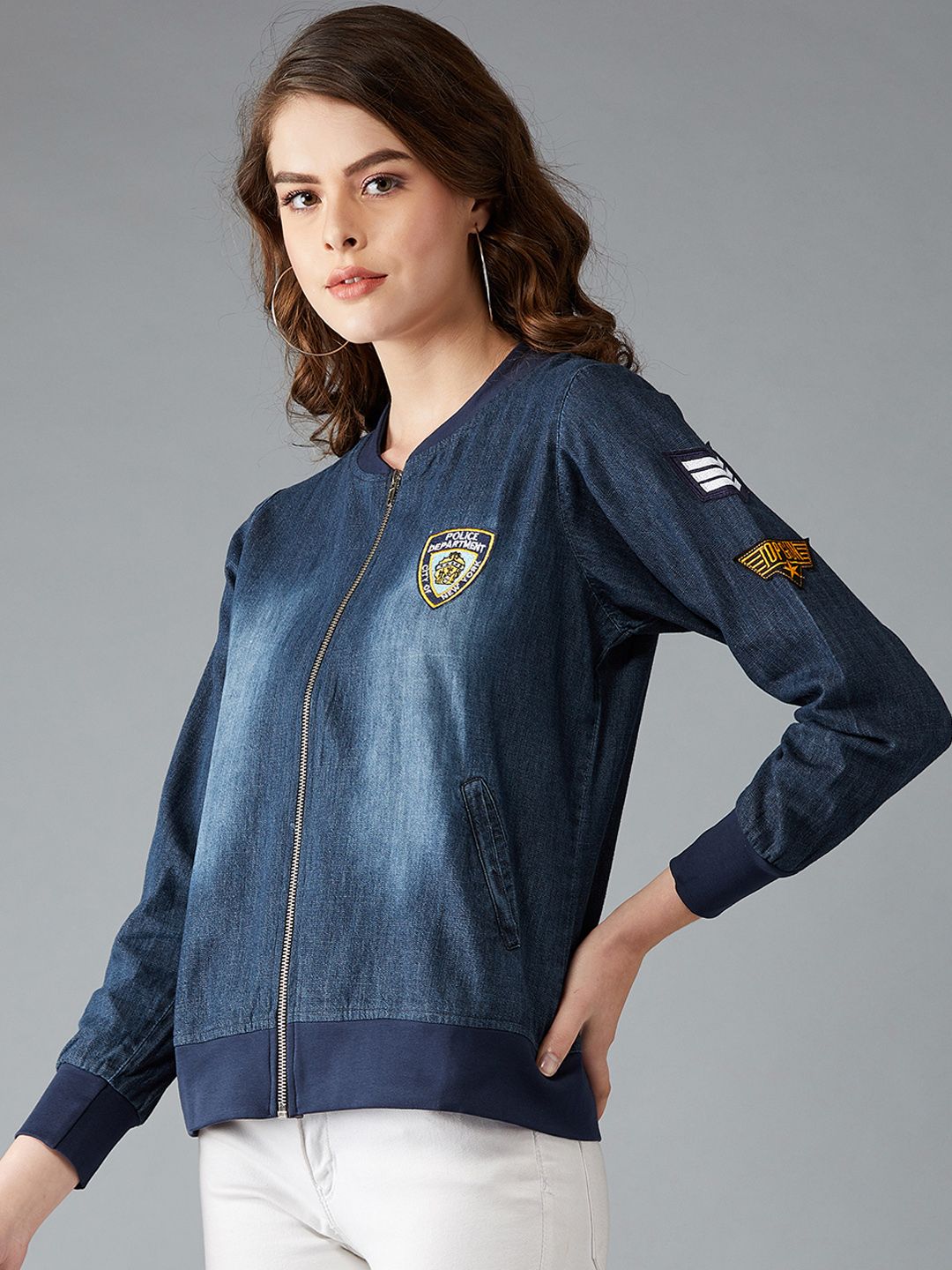 DOLCE CRUDO Women Blue Solid Denim Bomber Jacket Price in India