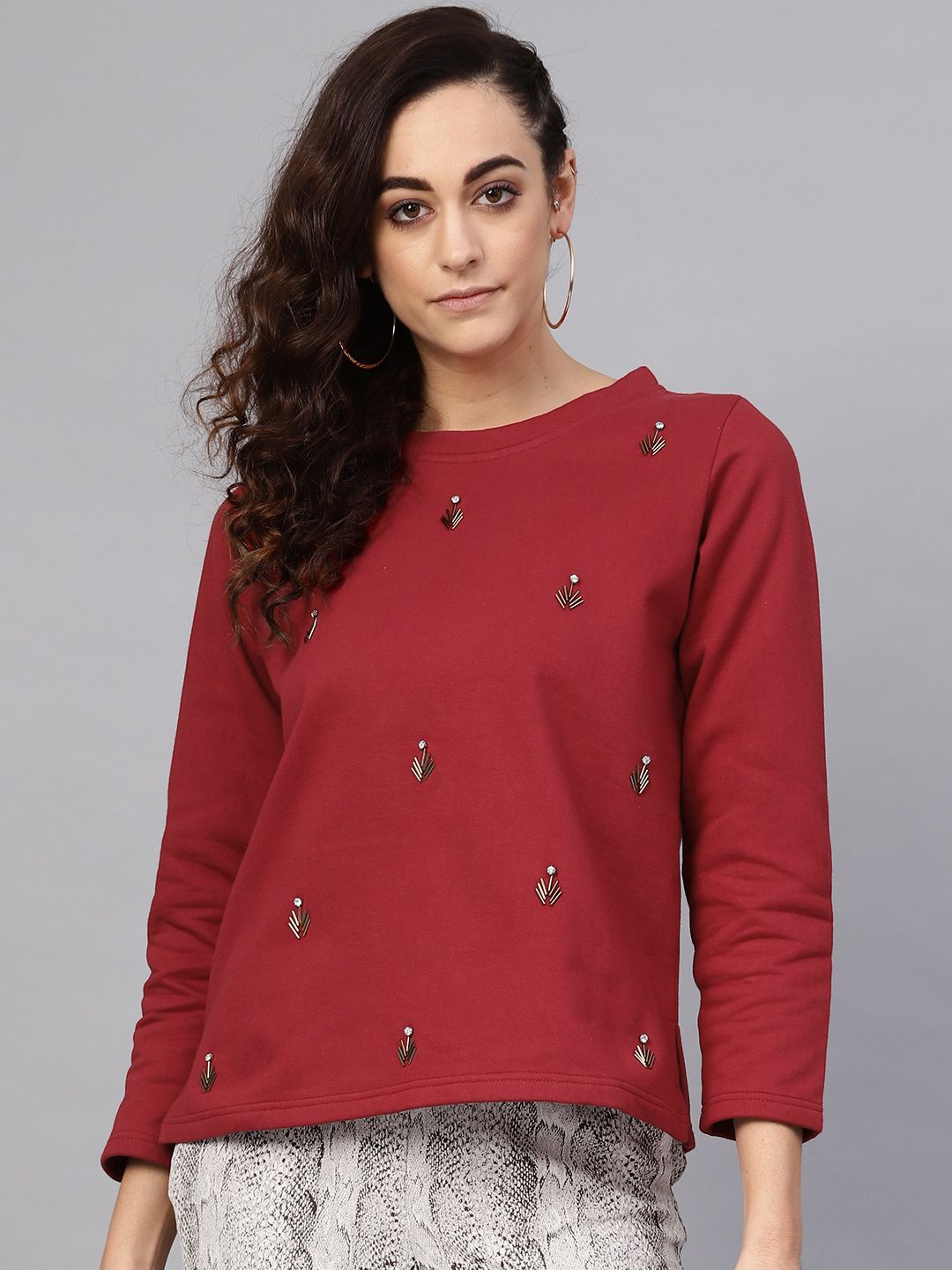 Antheaa Women Maroon Embellished Sweatshirt Price in India