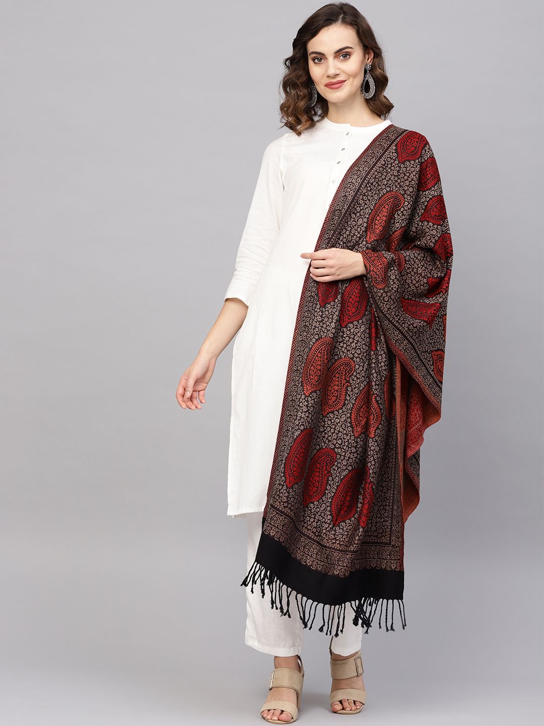 Indo Era Black & Taupe Woollen Stole Price in India