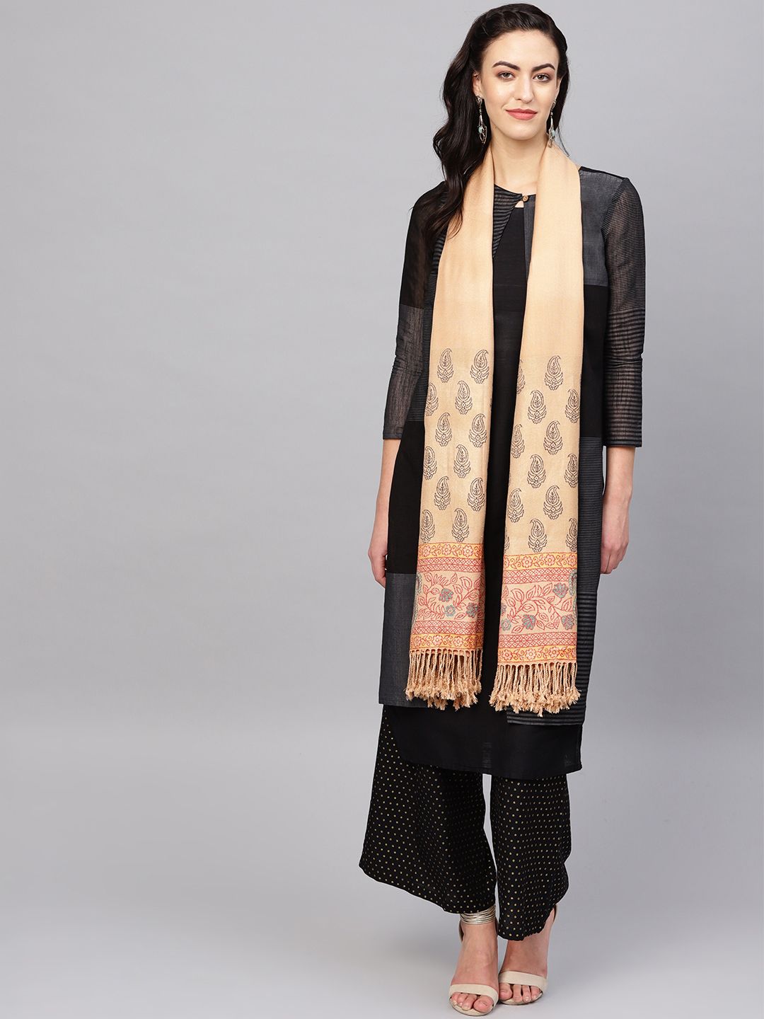 Indo Era Beige & Black Woollen Stole Price in India